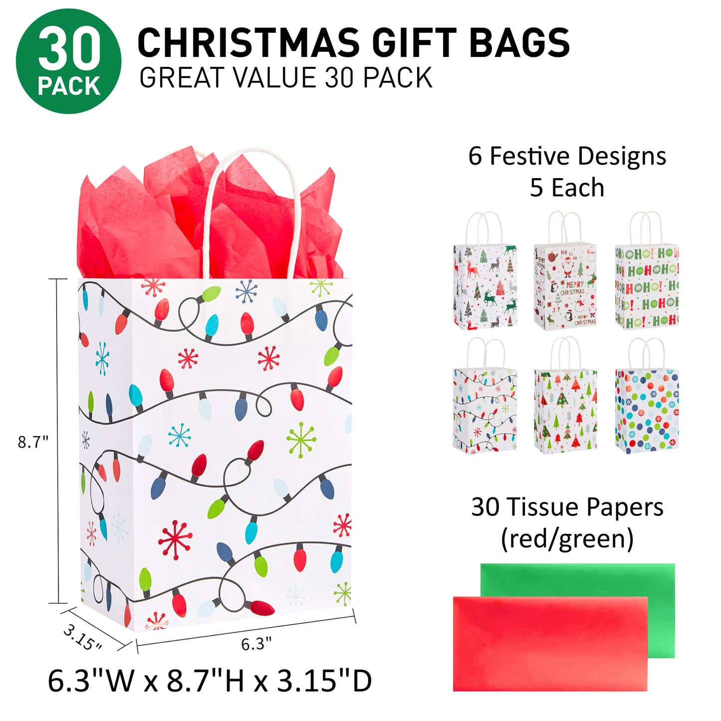 30 Small Christmas Gift Bags With Tissue paper
