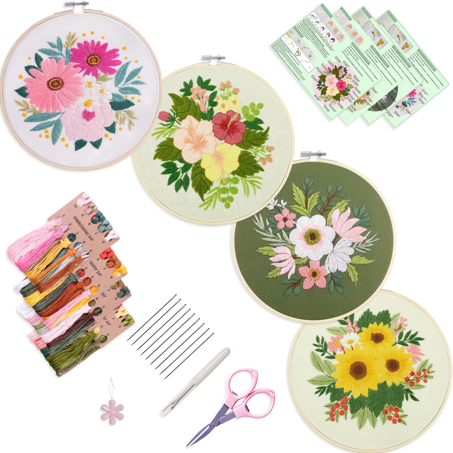 4 Sets Embroidery Set for Beginners, Art Craft, Easy Sewing Embroidery Kit Includes Embroidered Clothes with Patterns, Embroidery Hoops, Instruction Manual, Color Stitch Set (3)