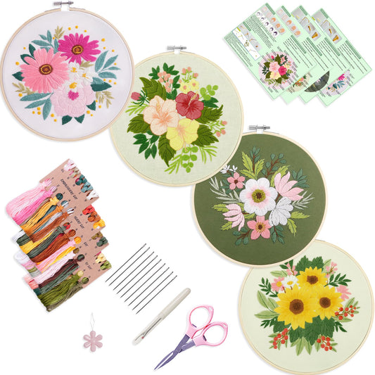 4 Sets Embroidery Set for Beginners, Art Craft, Easy Sewing Embroidery Kit Includes Embroidered Clothes with Patterns, Embroidery Hoops, Instruction Manual, Color Stitch Set (3)