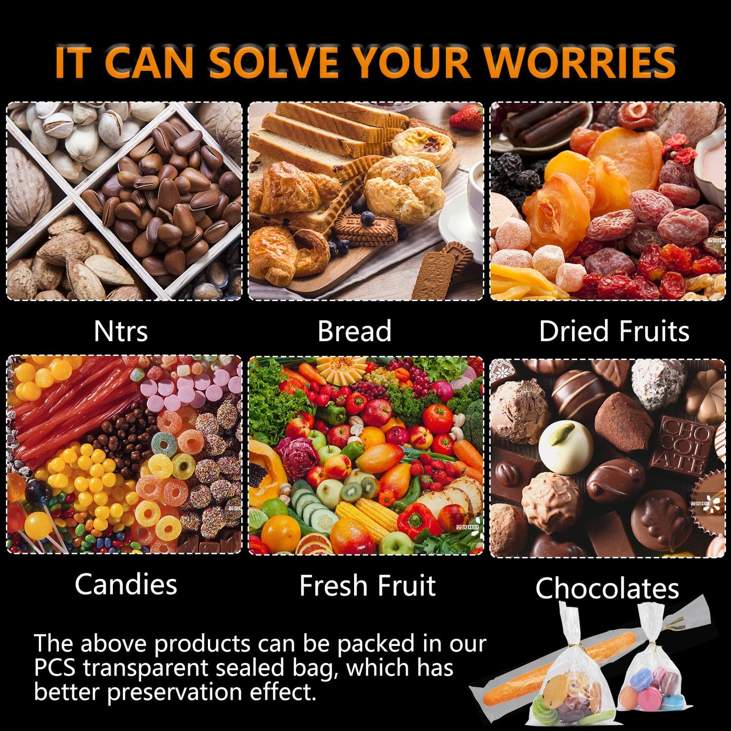 NEOACT 300 PCS Clear Flat Cellophane Treat Bags with 3x5,4x6,5x7,6x9,2x10,5x11,Treat Bags with Ties are Good for Pretzel Rods,Bakery, Cookies, Candies,Dessert.