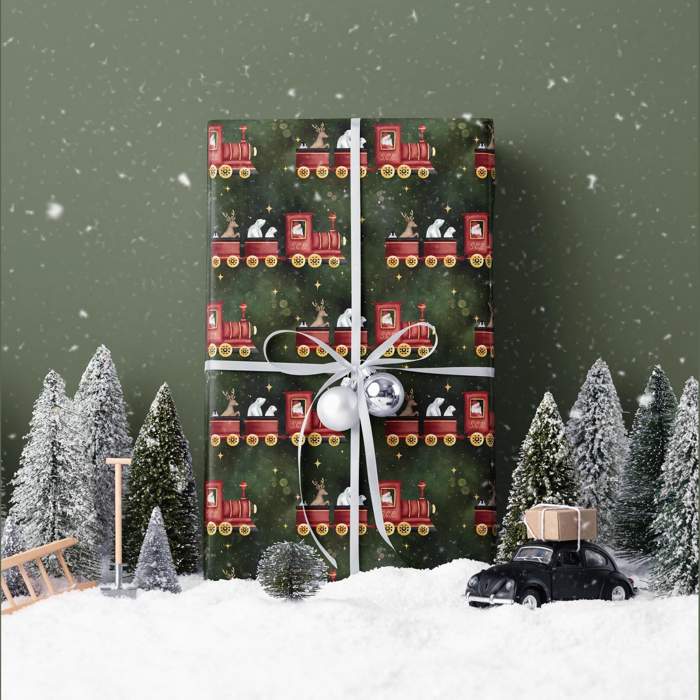 SaringSwoon Vintage Train Christmas Wrapping Paper for Baby Boys Girls Kids - Green Xmas Wrapping Paper with Red Trains, Santa, Polar Bears, Penguins for Holiday - 40×28 Inches, 4 Folded Sheets
