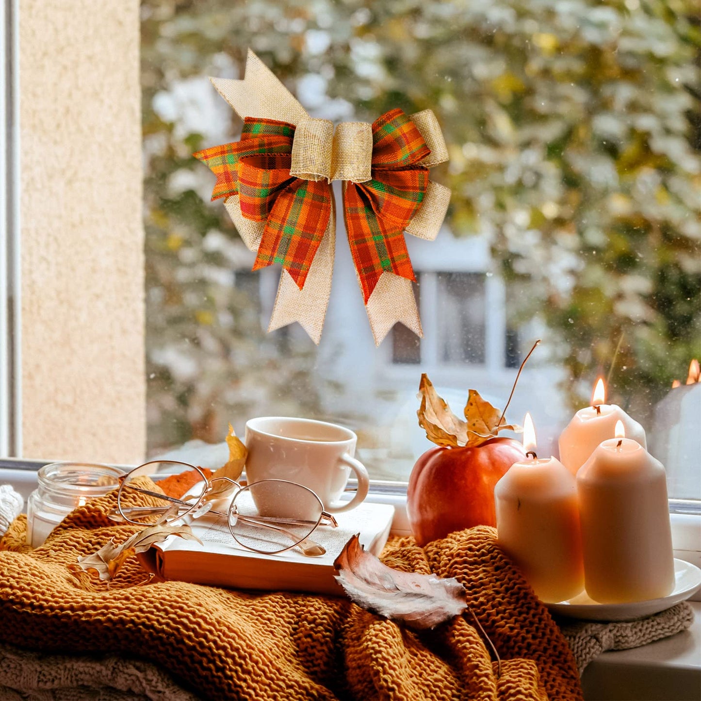 SIMISI RIBBON Fall Bows for Wreaths Orange Buffalo Plaid Burlap Bow for Thanksgiving Tree Topper, Home Indoor Outdoor Decorations (9.5 x 13 inch)