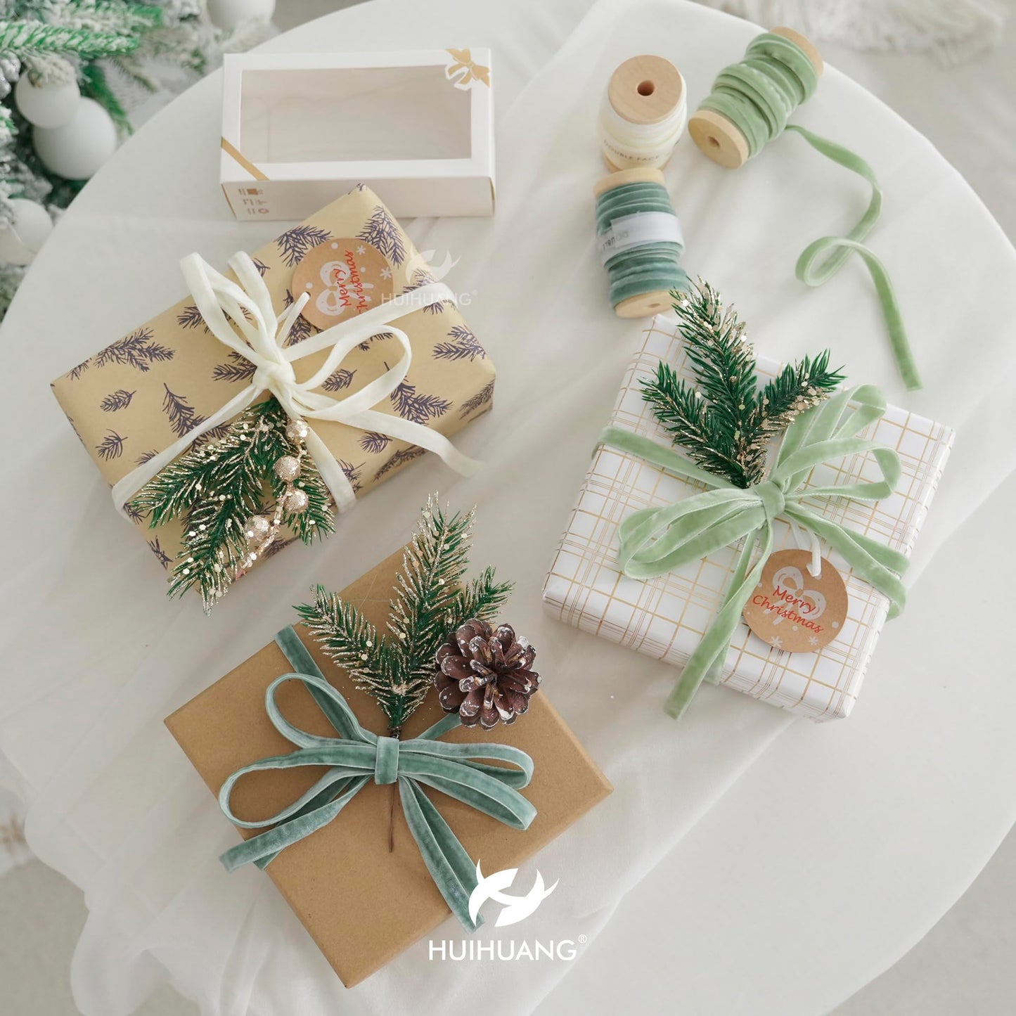 Velvet Ribbon 3/8 inch Double Face Dusty Green/Sage Green/Ivory Velvet Ribbon Set for Gift Wrapping, Christmas Tree Ornaments, Wreath Decor, Invitations, Fall Decor- 15 Yards/Set