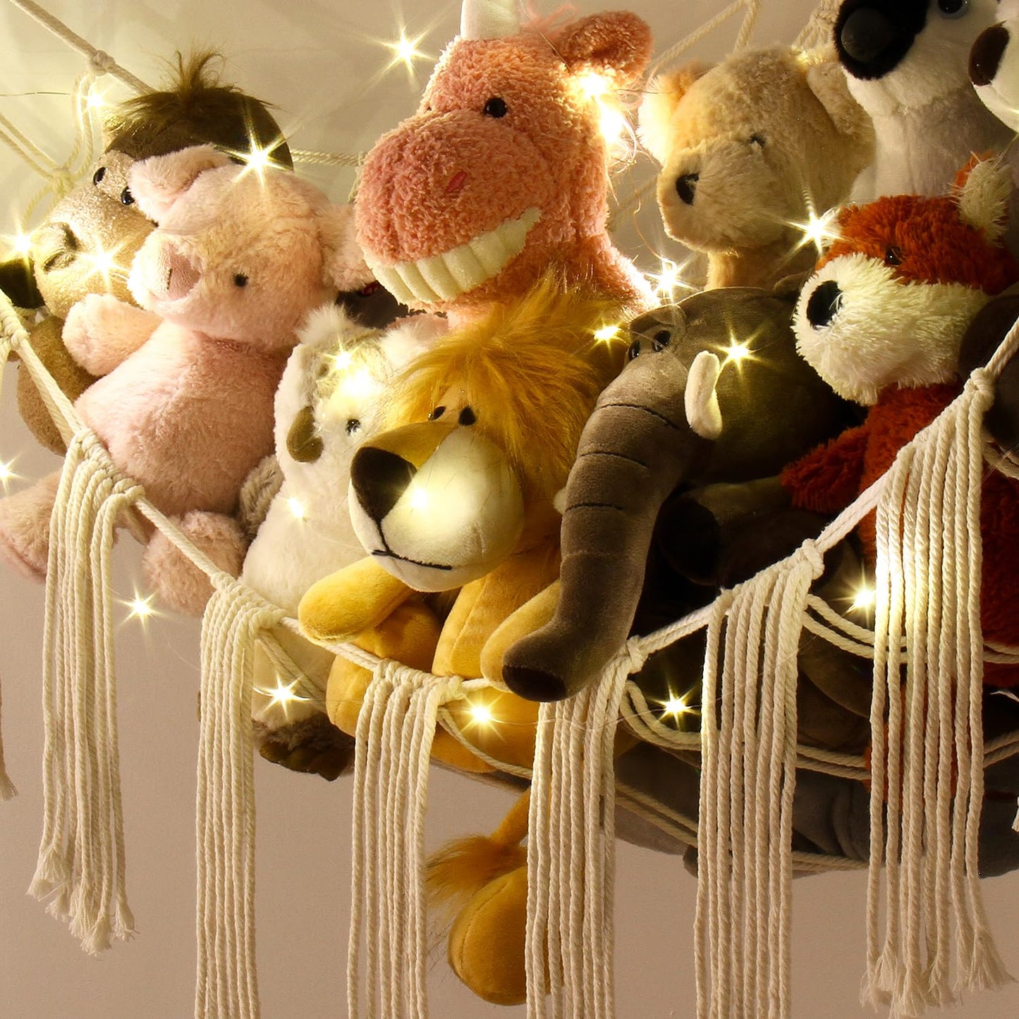 Stuffed Animal Hammock Corner Storage with LED Light - Toy Hammock Large Plushie Net - Stuffed Animal Holder Hanging Organizer - Teddy Bear Hammock Room Decorations Preppy Toddler Kids Room Decor