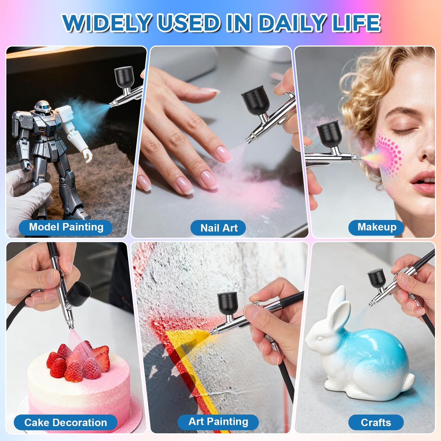 Airbrush Kit with Air Compressor: 50PSI High Pressure Air Brush Kit with 0.2/0.3/0.5mm Nozzle & Cleaning Set for Painting, Modeling, Cake Decorating, Makeup, Nails, Crafts