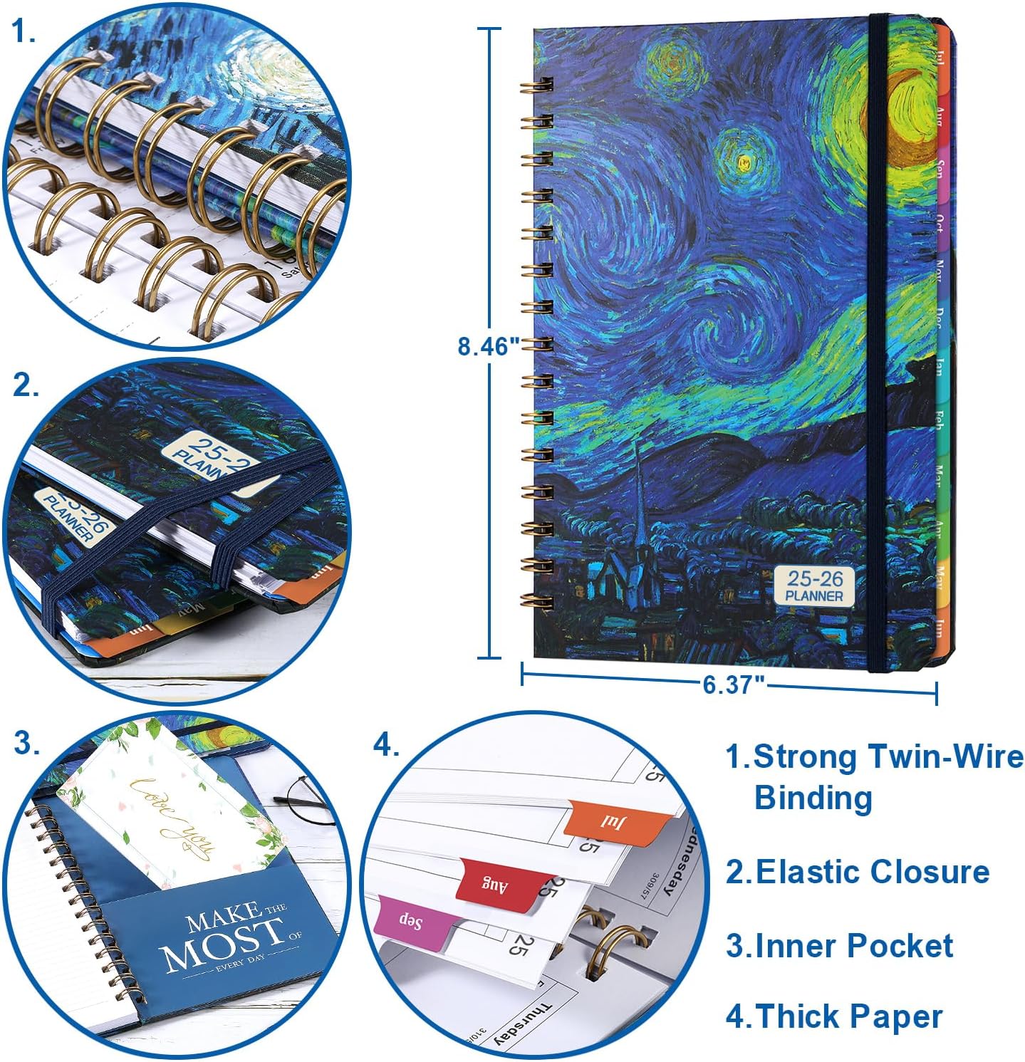 2025-2026 Planner – Jul.2025 - Jun.2026, Weekly ＆ Monthly Academic Planner 2025-2026, with Tabs, 6.4" x 8.5", Hardcover, Strong Binding, Thick Paper, Back Pocket, Elastic Closure, Inner Pocket
