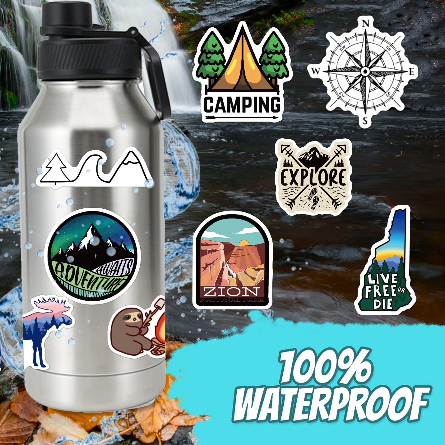 200PCS Camping Stickers - Water Bottles, Outdoor Adventure, Vinyl Waterproof Stickers Packs for Laptop, Travel & Hiking, Bike, Bumper, Suitcase, Luggage, Car, Wilderness, Nature