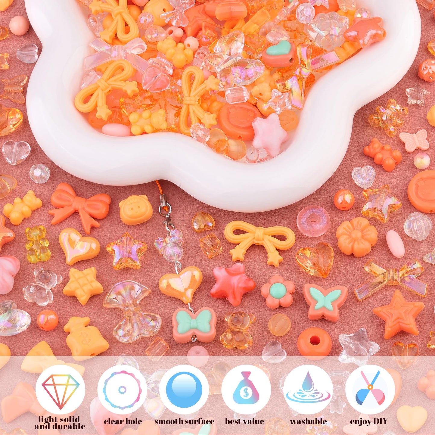 TINKRSTUFF Assorted 170-230PCS Orange Acrylic Beads for Bracelet Making, Flower Bow Butterfly Candy GummyBear Aesthetic Bracelet Charms,Cute Beads for Jewelry Making DIY Necklace Keychain Phone Charm