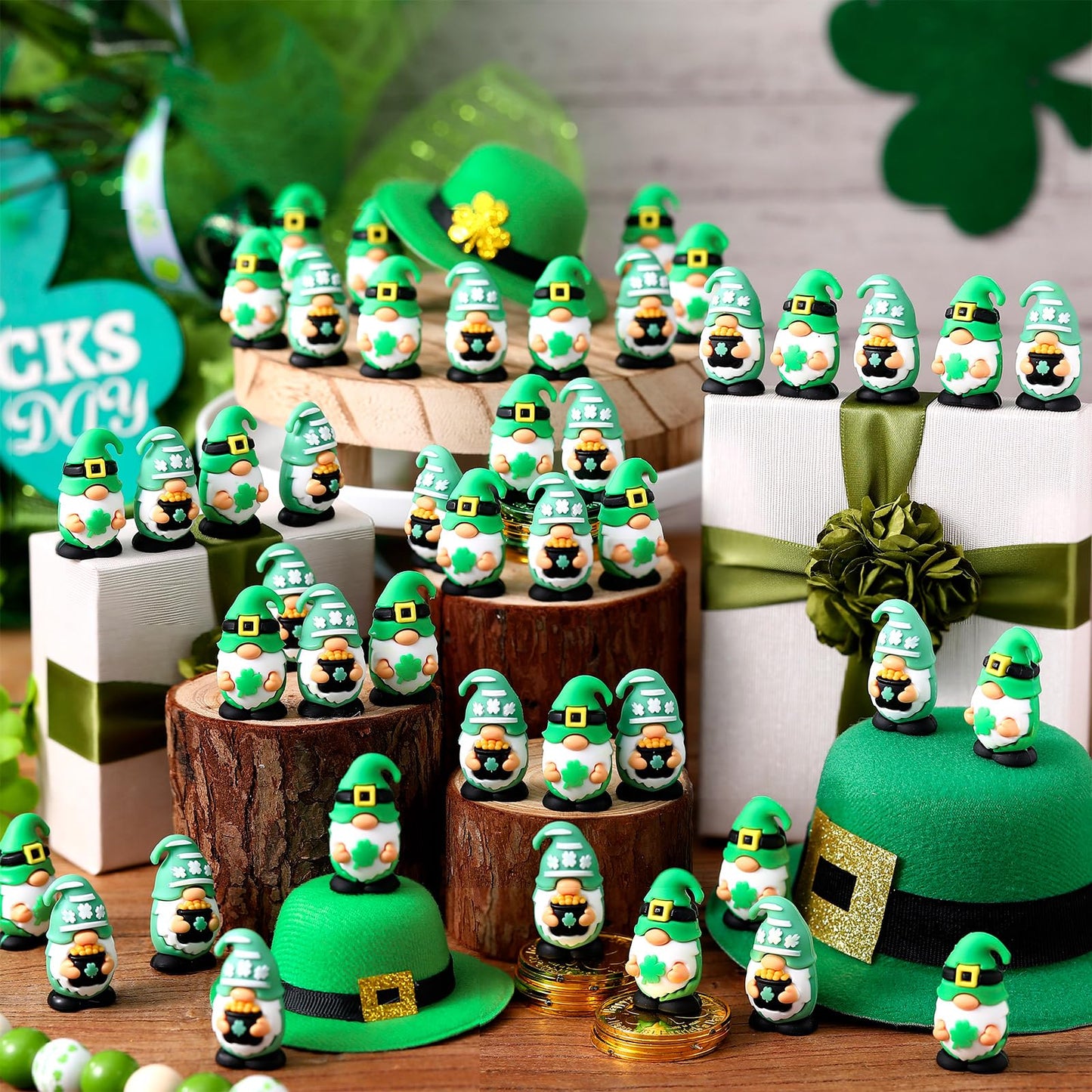 50 Pcs Mini St Patrick's Day Gnomes Bulks 1.57 Inch PVC Gnomes Figurine Gifts St Patrick's Day Collectible Figurines for Home Tabletop Farmhouse Shelf Decorations