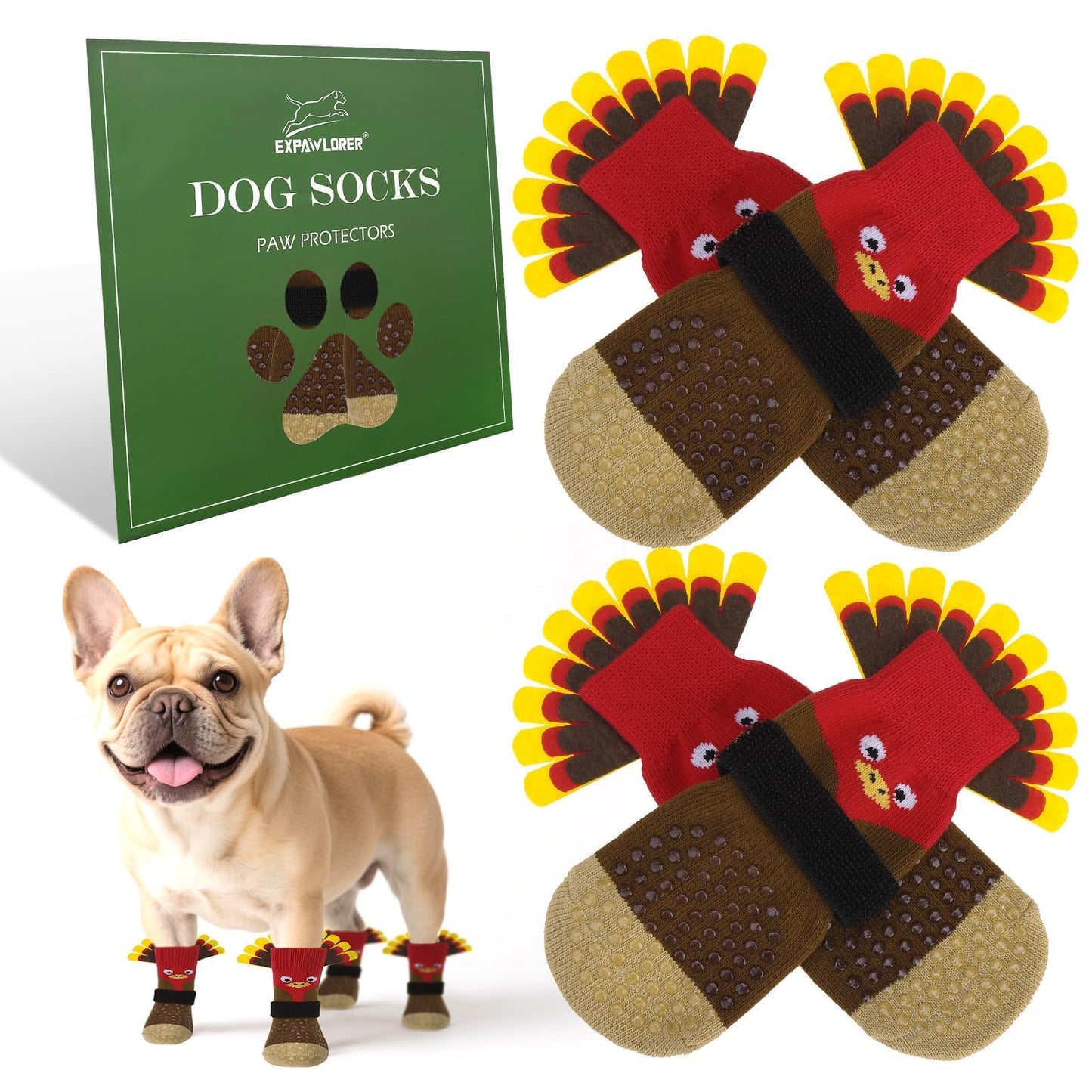 Thanksgiving Anti Slip Dog Socks to Prevent Licking Paws,Boots & Paw Protectors with Grippers,Doggie Booties for Hardwood Floors for Small Medium Large Senior Dogs Lifelike Costume Turkey M