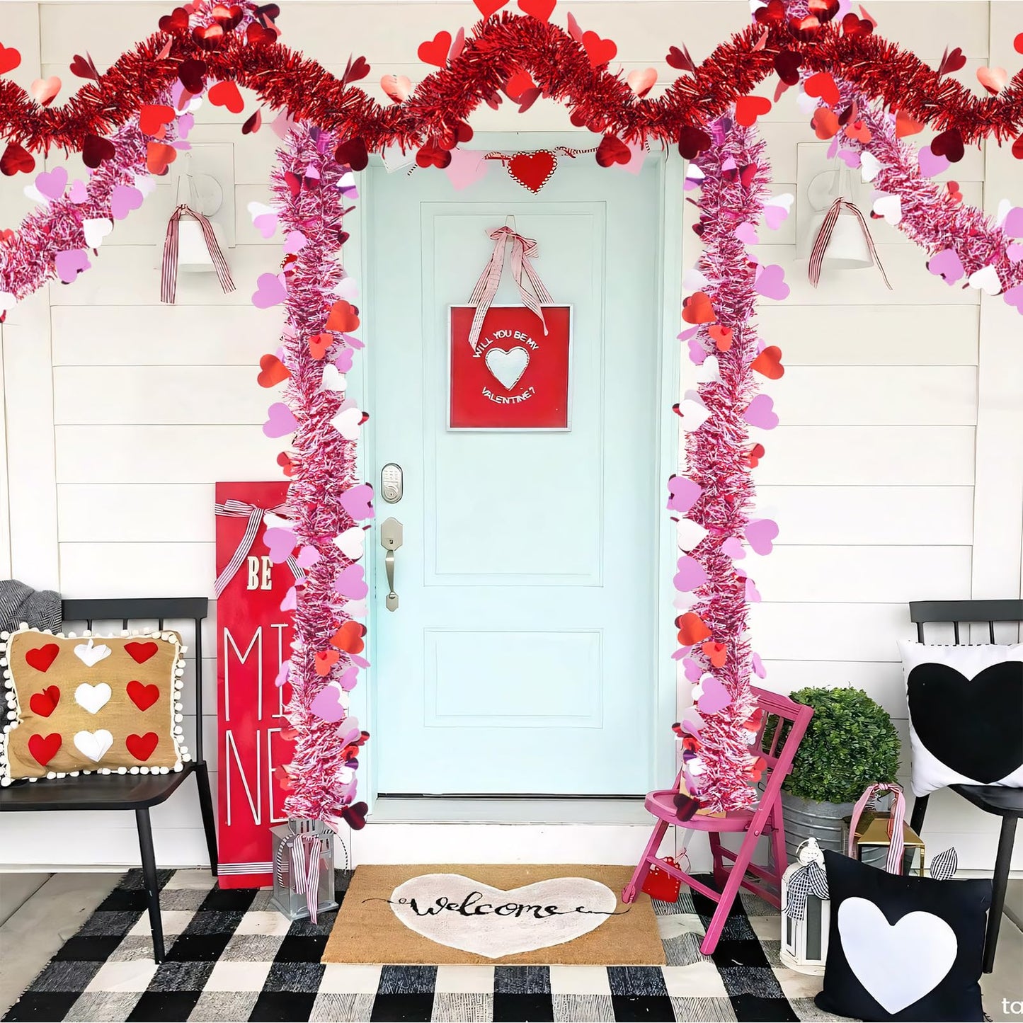 66 Feet Valentine Tinsel Garland Decoration 2 Pack Hanging Metallic Red Pink Heart Garland for Mantle Wedding Festival Valentine's Day Indoor Outdoor Decor