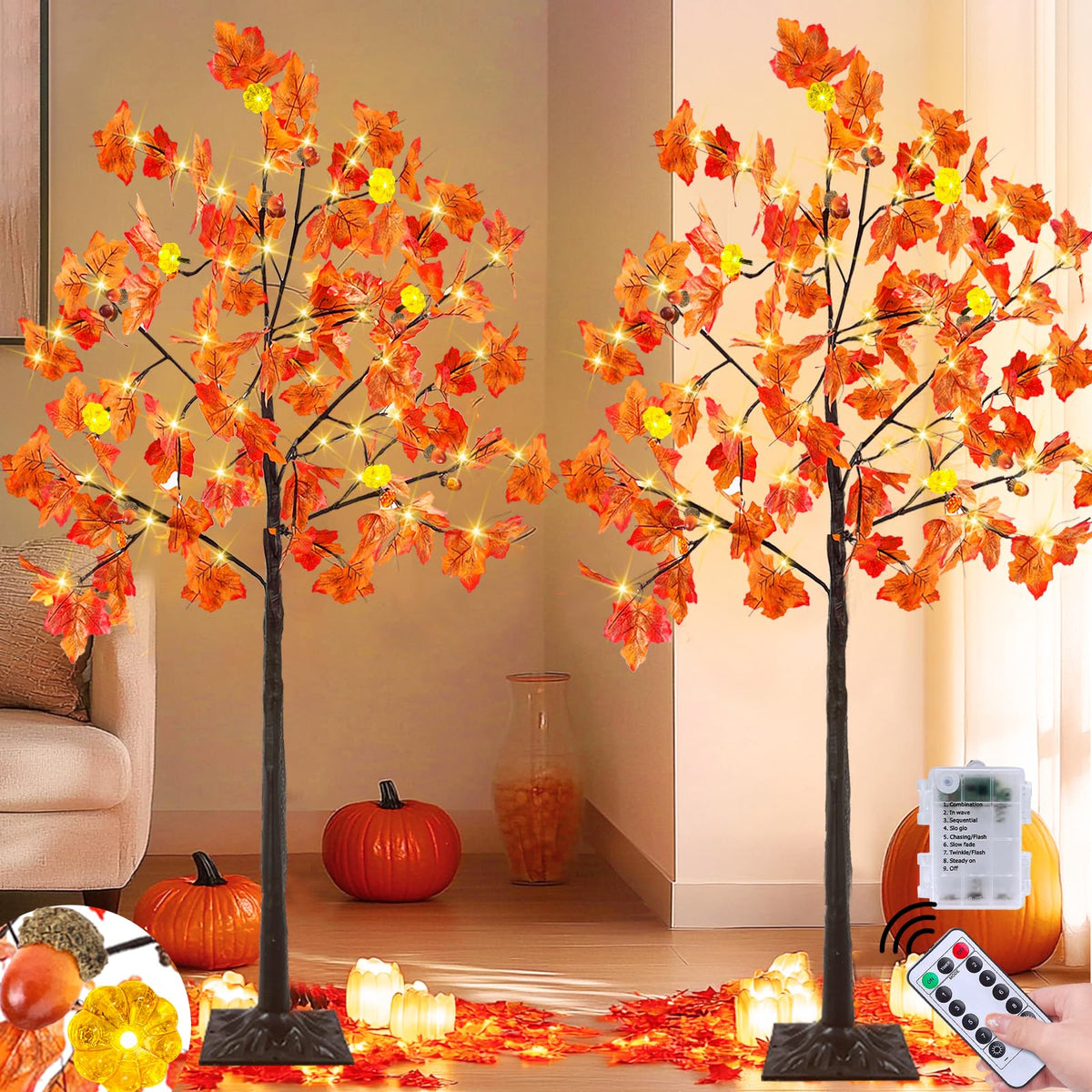Remote Control&Timer - 2Pack 4 Ft Prelit Lighted Fall Maple Tree 96LED