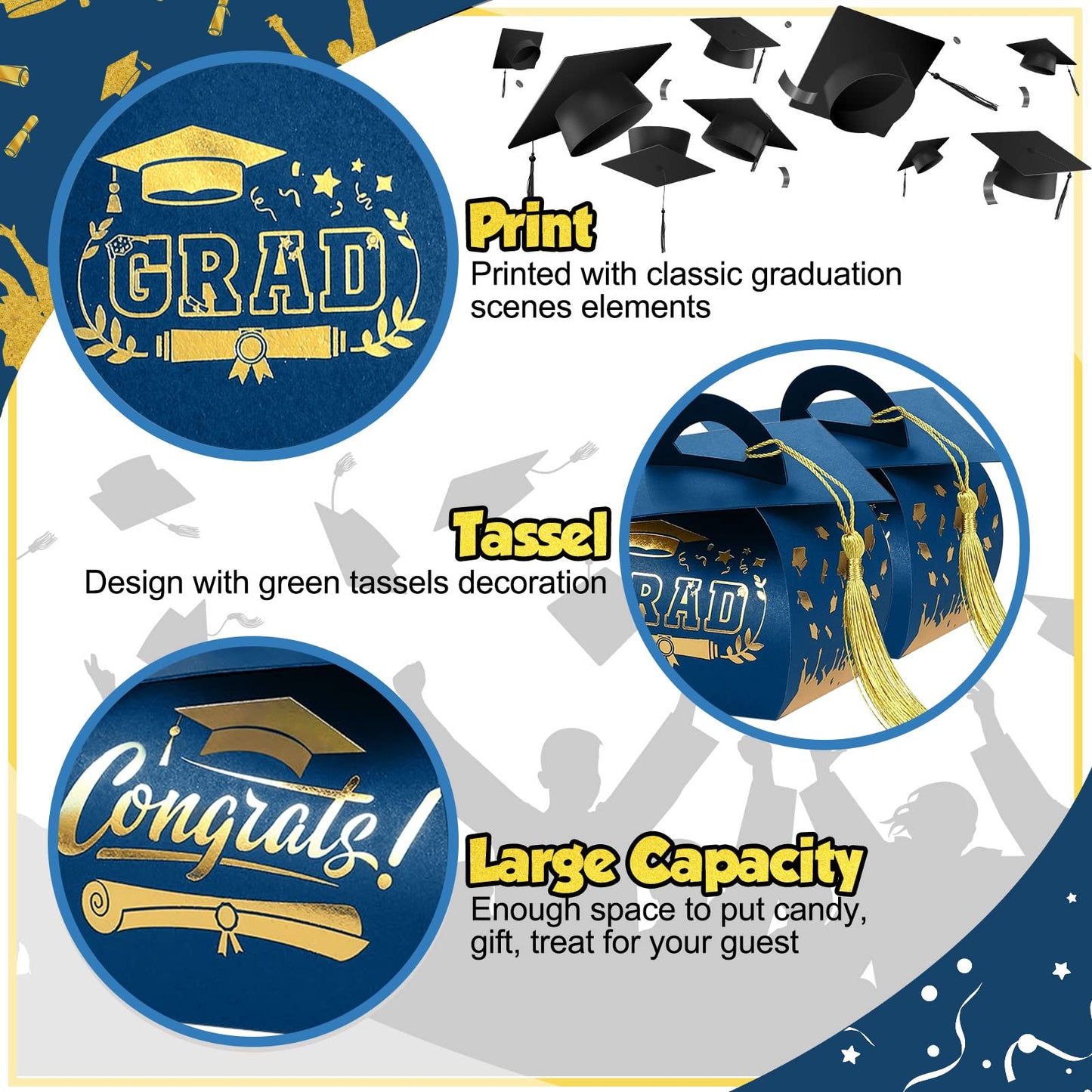 Spakon 30 Pcs Graduation Cap Gift Box Graduation Party Favors Candy Boxes Treat Box with Tassel Table Centerpieces Class of 2026 Grad Decorations(Blue, Gold)