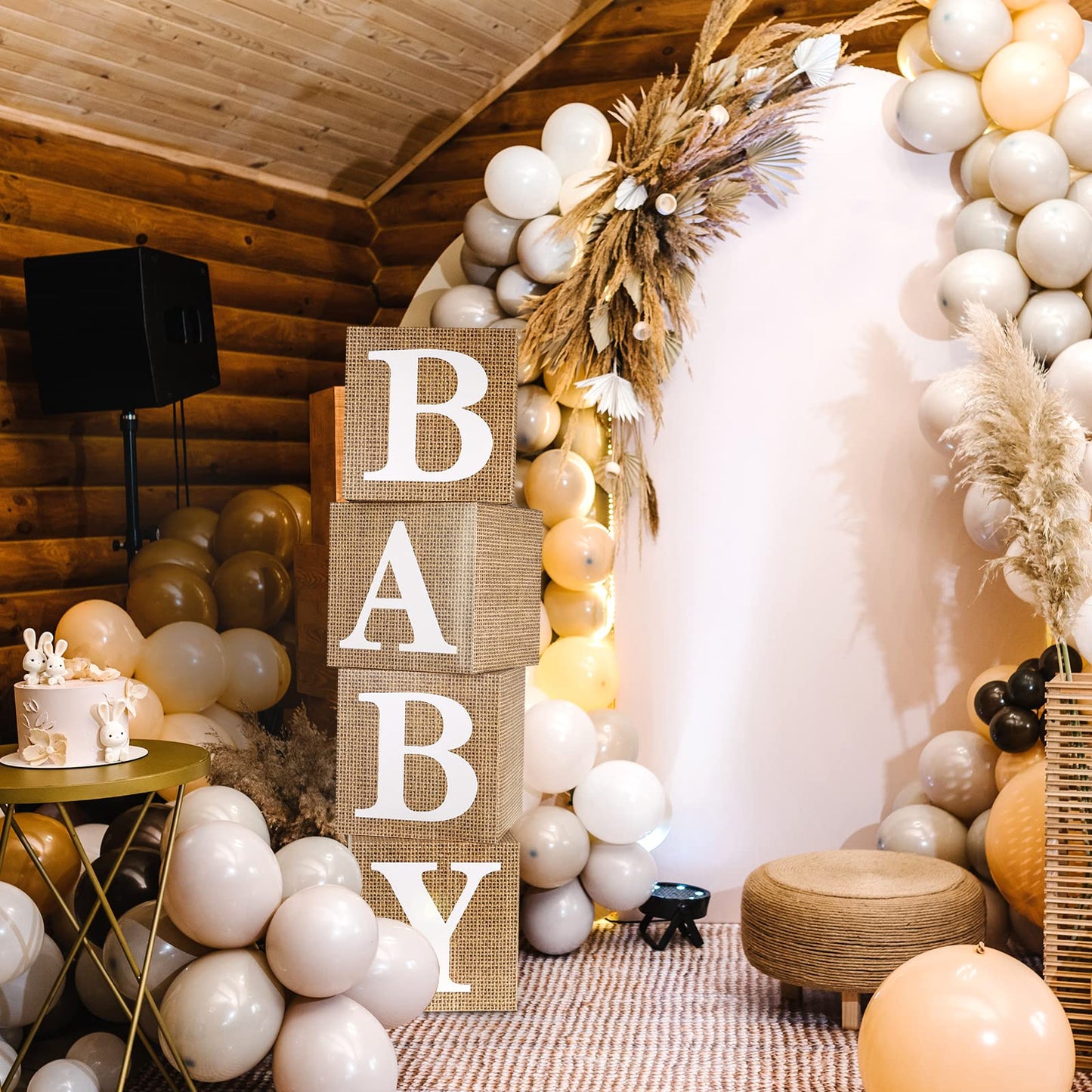 RUBFAC Baby Boxes with Letters for Baby Shower, 4pcs Rustic Farmhouse Style Boho Balloon Boxes with Burlap Grain for Birthday Gender Reveal Decoration Backdrop Photo Props