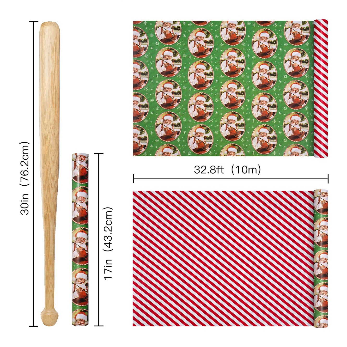 Christmas Reversible Wrapping Paper Roll, Mini Roll, Vintage Red Green Santa Claus Design and Red White Candy Cane Stripe Pattern Gift Wrap Paper for Holiday Gifts, 17 Inches x 32.8 Feet
