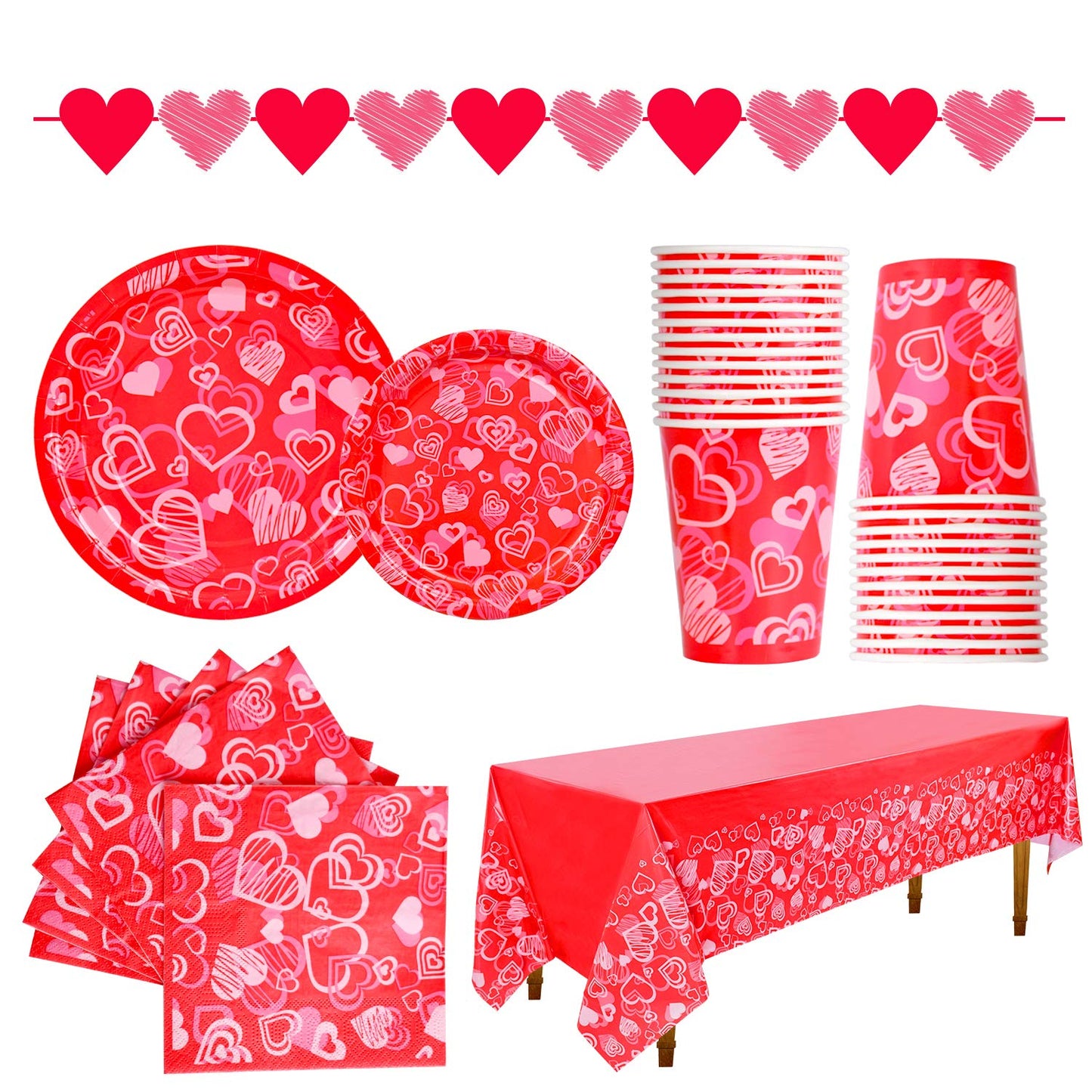 Gatherfun Valentine's Day Party Supplies Hot Heart Love Disposable Paper Plates Napkins Cups plastic Tablecloth with Banner for Valentine's Day, Engagements, Anniversary, Birthday Party Serve 25
