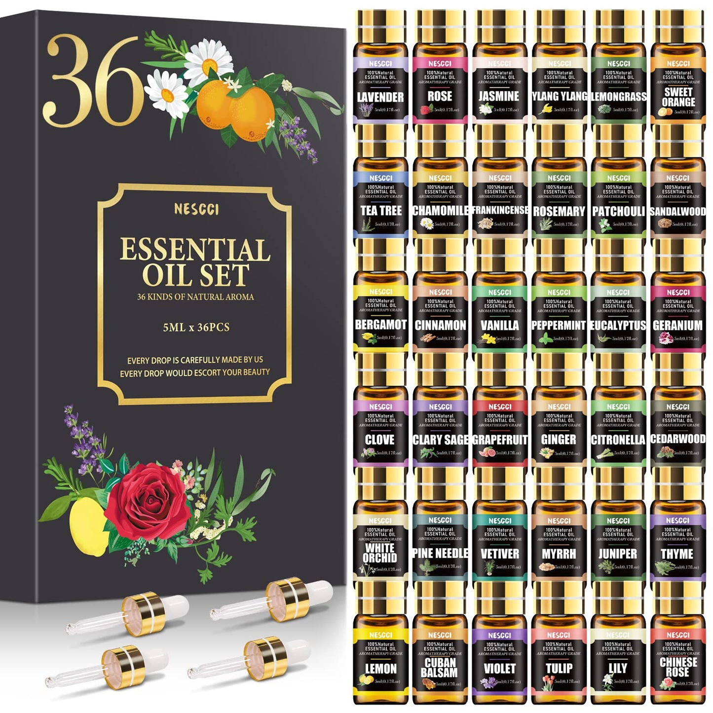 Essential Oil Set - Essential Oils 36 x 5ML - Essential Oils Gift Set for Diffuser, Humidifier, Soap, Candle, Bath Bombs Making, Halloween, Christmas