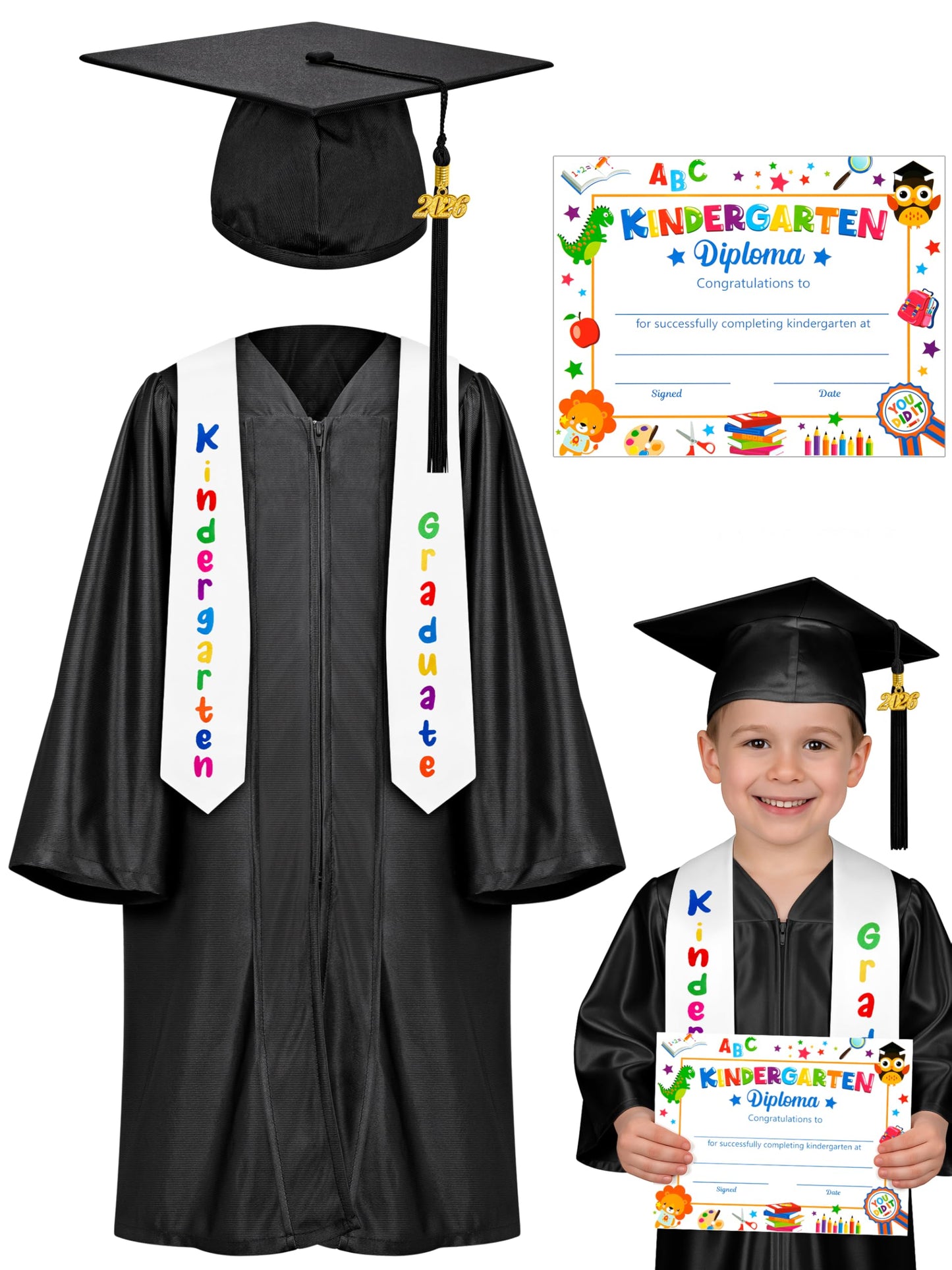 QZYL Kindergarten Graduation Cap and Gown Set, 2025 Kids Graduation Outfit with Tassel and Certificate for Kindergarten