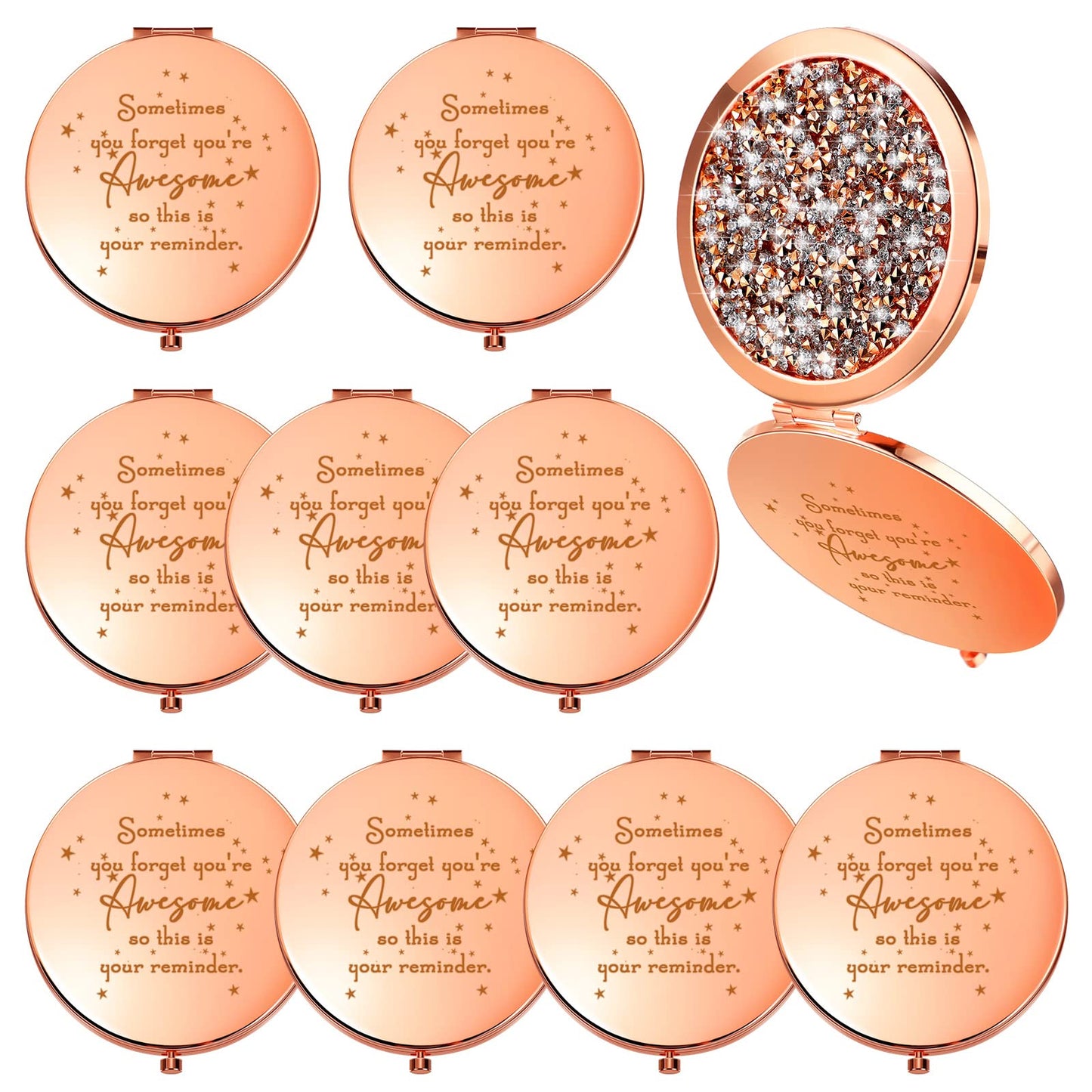 Roowest 10 Pcs Inspirational Compact Mirror Bulk You're Awesome Reminder Appreciation Gifts for Women Employee Coworker Friends Sisterhood Mothers Day Party Favors Pocket Mirrors (Rose Gold)