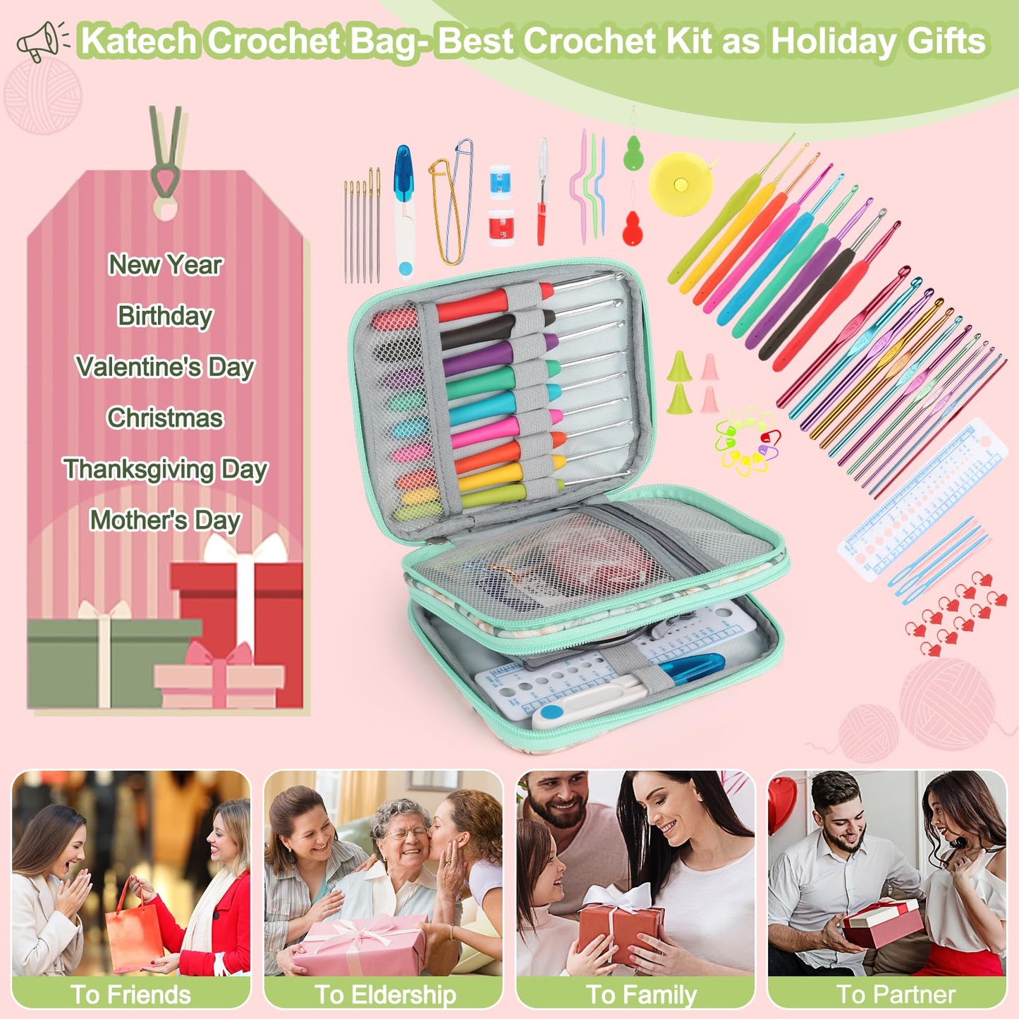 Katech Crochet Hooks Set with Crochet Case, 73 pcs Knitting Accessories Ergonomic Crochet Hook for Making Bag, Glovers, Sock, Colorful Soft Handle Knitting Needles Kits DIY Hand Tool