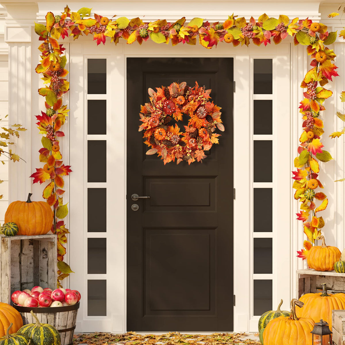 Sggvecsy Fall Wreath 20’’ Autumn Front Door Wreath with Various Pumpkin Cluster of Berries Maple Leaves Pine Cones for Outside Indoor Wall Window Festival Thanksgiving Harvest Autumn Fall Decor