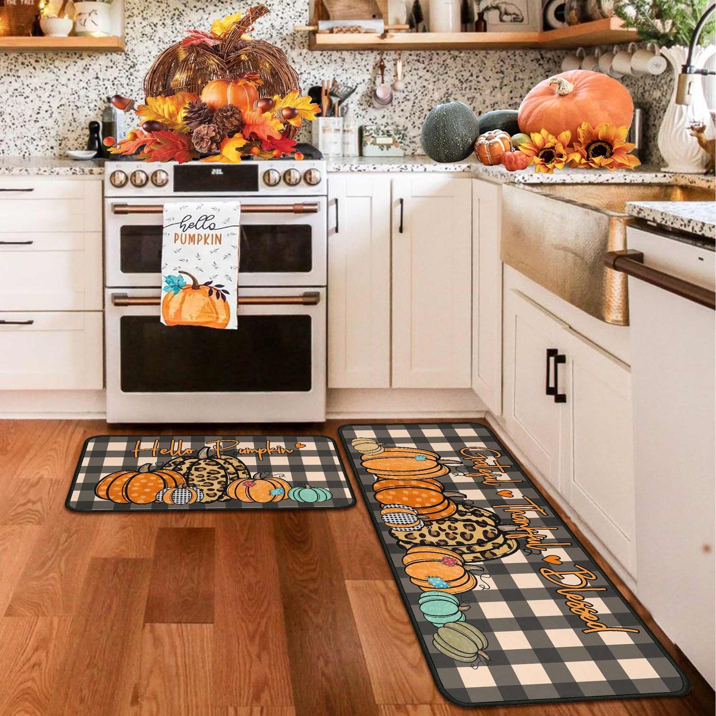 Fall Kitchen Rugs and Mats for Floor, Fall Decorations for Home, 2 Pcs Non-Slip Backing Pumpkin Mat, Autumn Decor Thanksgiving Kitchen Rug Sets with Runner 17"x47.2"+17"x30"