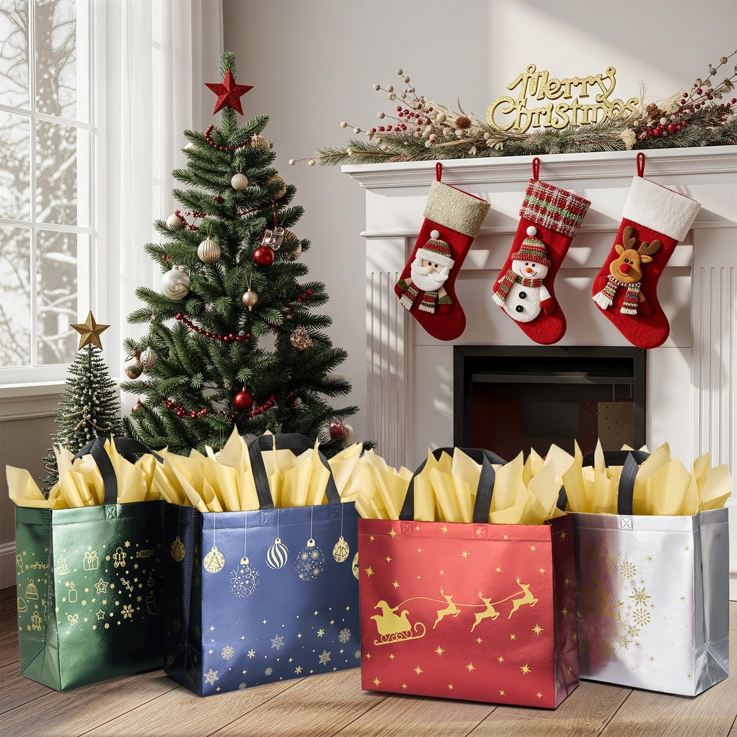 16 Pack 13" Large Christmas Gift Bags With Tissue Paper, Reusable 4 Unique Designs Christmas Bags with Handle for Gifts Wrapping Shopping Xmas Party Supplies(13" x 11" x 5")