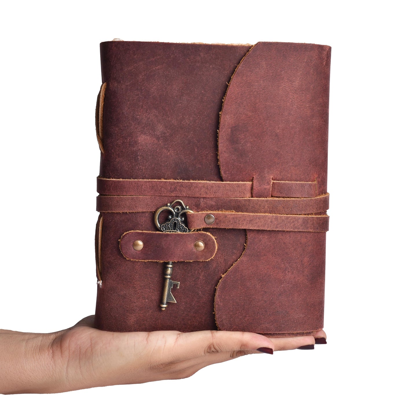 LEATHER VILLAGE Vintage Leather Journal – 200 Handmade Vintage Deckle Edge Paper – Leather bound Journal For Women Men – Vintage Key Closure - Book of Shadows - Red Brown - 6X4 inches (A6)