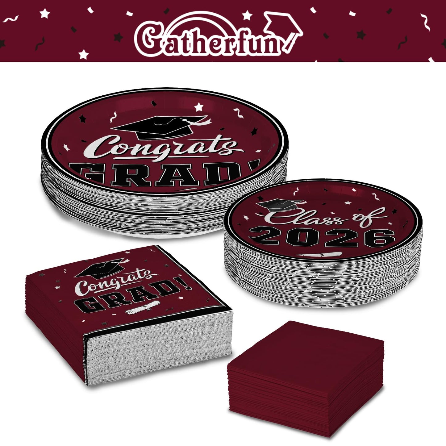 Gatherfun Graduation decorations 2026 Graduation Party Supplies Maroon Disposable Paper Plates Luncheon Napkins Cocktail Napkins for Congrats Grad Party Decorations, Serve 50