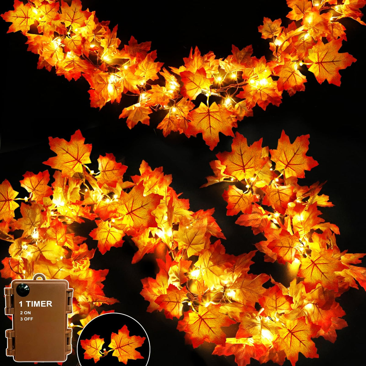 Timer & Thicker Leaves - 2 Pack Fall Garland with Lights Battery Operated