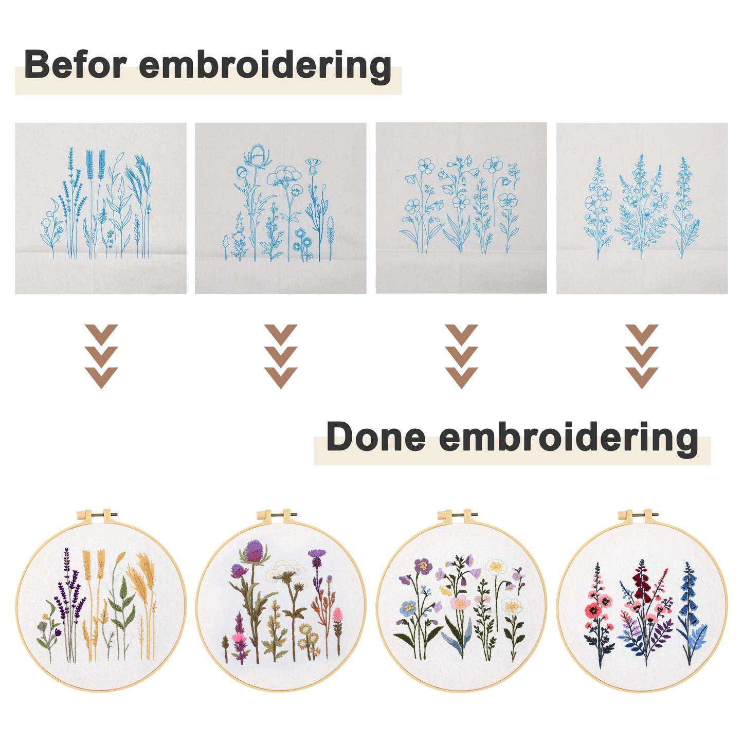 Maydear 4 Sets Embroidery Kit Punch Needle Kit,Embroidery Kit for Beginners Adults Cross Stitch Kits with Embroidery Hoop and Instructions, Hand Embroidery Starter Kit (Embroidery kit Flowers)