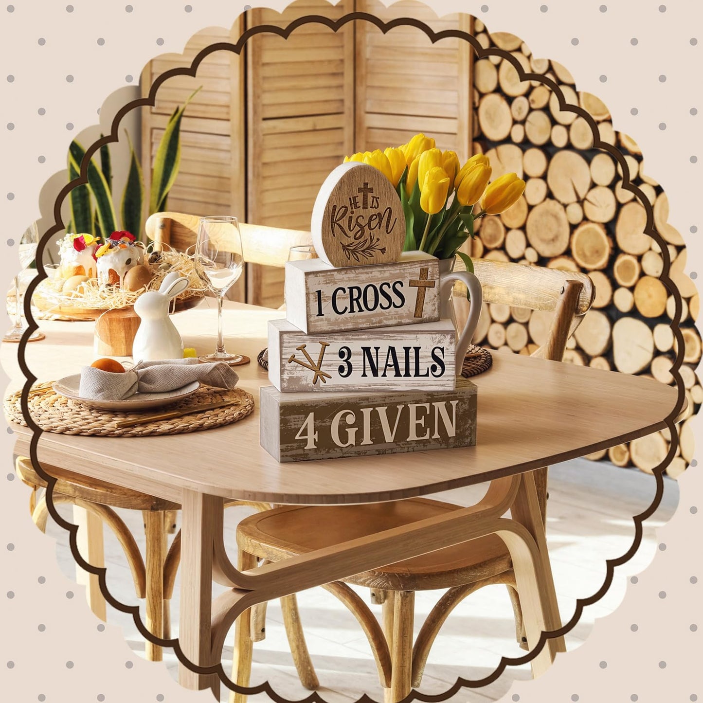 4 Pcs Easter Table Decoration Easter Gifts He Is Risen Tiered Tray Decor Christian Gifts Wooden Eggs Basket Stuffers Centerpieces for Holy Week Home Kitchen Party Decorations