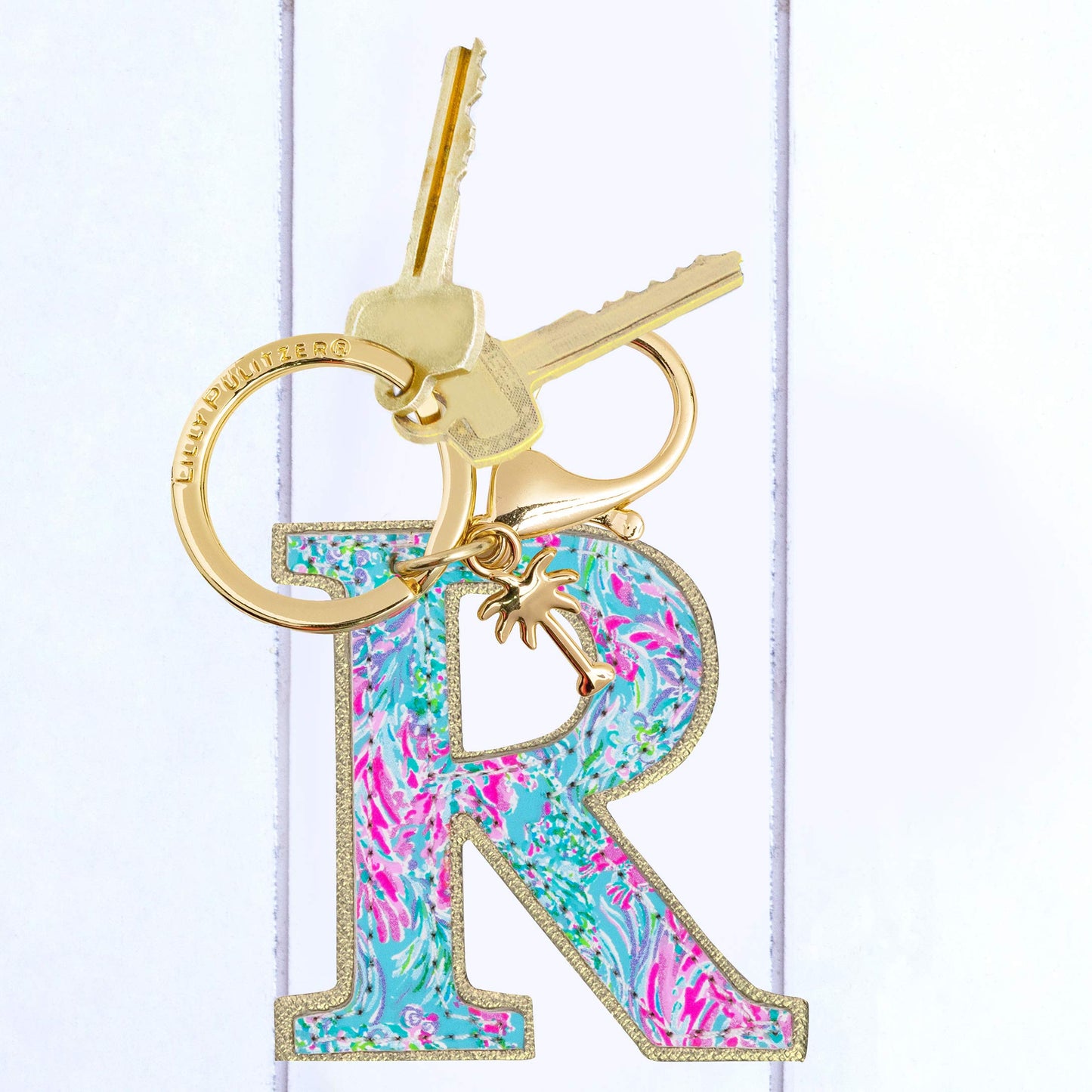 Lilly Pulitzer Leatherette Initial Keychain, Letter Bag Charm for Women, Best Fishes (R)