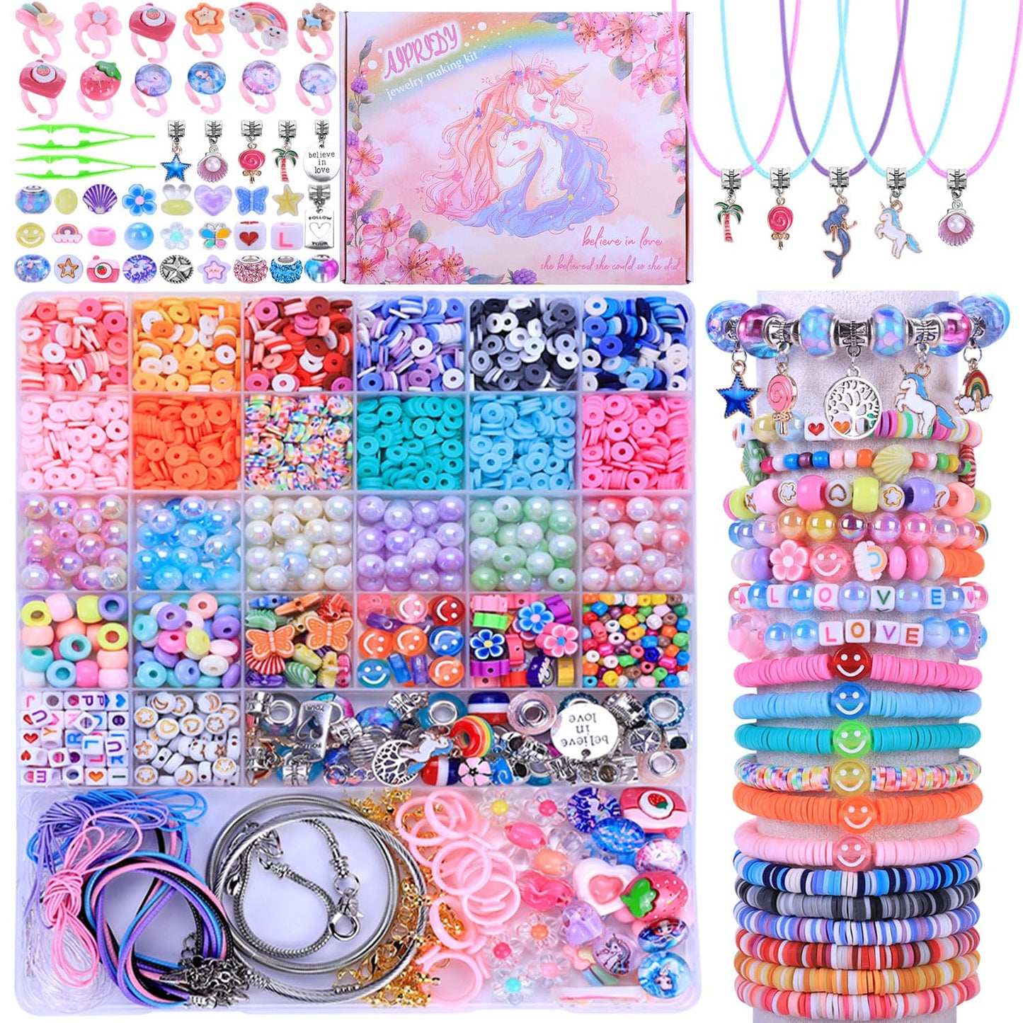 3200 Pieces Girls Toys Bracelet Making Kit, Unicorn/Mermaid Clay Beads Jewelry Activity Kit, DIY Crafts Birthday Christmas Gifts for Girls Ages 5 6 7 8 9 10 11 12 Years Old (Light Pink)