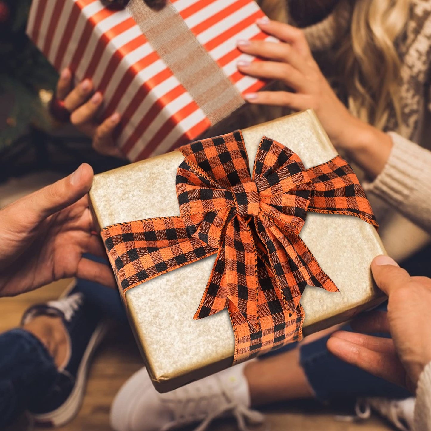 6 Rolls 30 Yards Fall Burlap Ribbon,2.5″W Buffalo Plaid Wired Edge Ribbon with Pumpkin Pattern Thanksgiving Theme Craft Ribbons Rustic Autumn Harvest Ribbons for Wrapping Gifts Making Wreath Bow