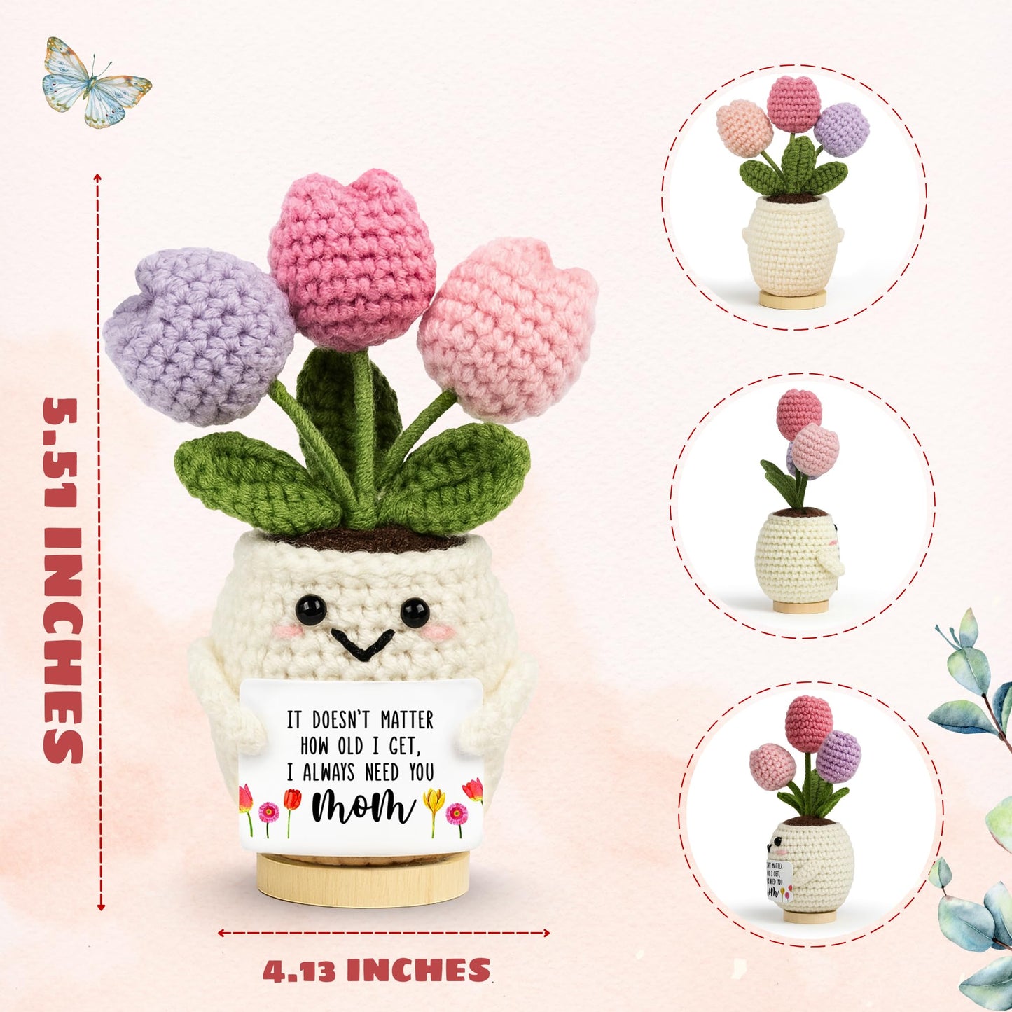 Lucagift Gifts for Mom from Daughter Son - Cute Mothers Day, Birthday Gifts for Moms, Mother, Mama - 5.51'' x 4.13'' Mother's Day Knitted Positive Tulip Flowers Mom Crochet Doll