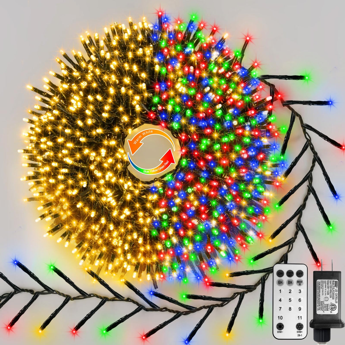 Dual Color 100Ft 2000 LED Cluster Christmas String Lights with Remote Timer