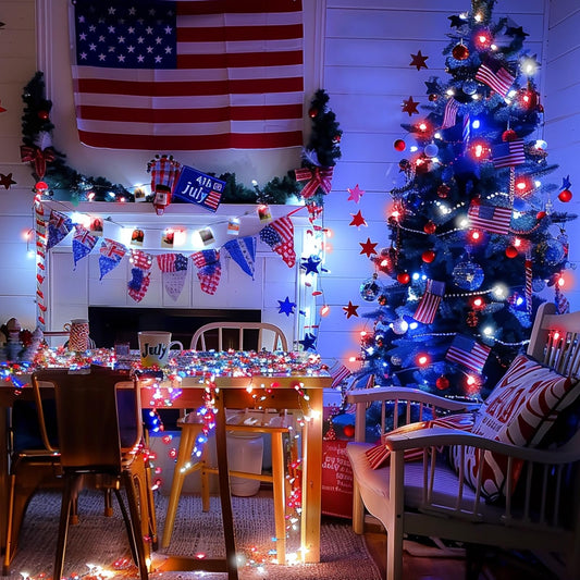 4th of July Red White Blue 100 LED 50 Photo Clips String Lights Holder 33FT Starry Fairy Lights for Hanging Pictures Cards Memos USB Powered with Switch Perfect for Bedroom Dorm Christmas Decor