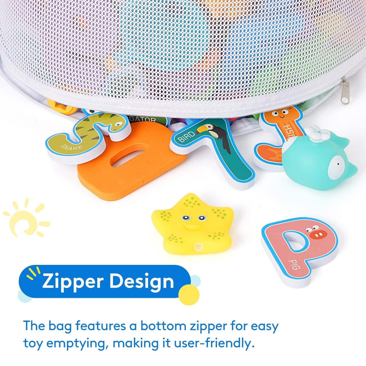 Bath Toy Storage Holder, Mesh Shower Caddy for Bathtub Toy Organizer, Corner Hang-Suspension Shower Toy Holder, Bath Toy Basket with 4 Adhesive Hooks for Kids, Toddlers, Large, White