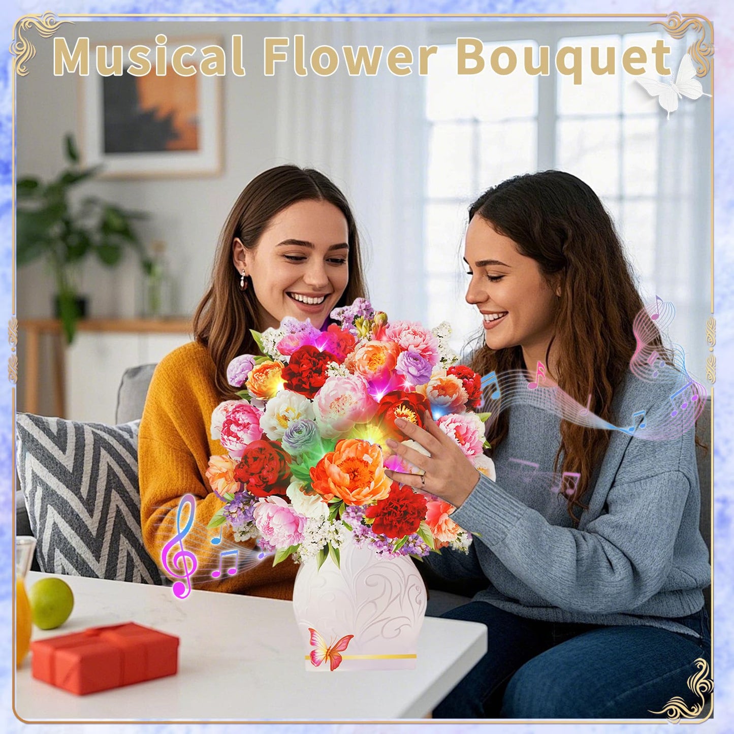 APOTODITO Mothers Day Card for Women, Flower Bouquet 3D Card, Mothers Day Gifts with Music and Light, Gifts for Mom, Women, Sister, Wife (Peony)