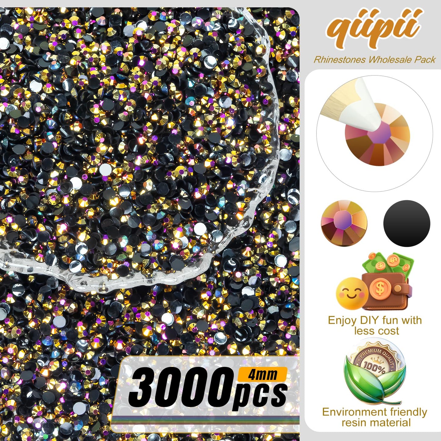 qiipii 3000PCS 4mm Golden Rose AB Resin Rhinestones for Crafting Black AB Flatback Jelly Stones Bulk SS16 Golden AB Diamonds Gems Charms for Nails Face Eyes Makeup Tumblers Bottles DIY Crafts Shoes