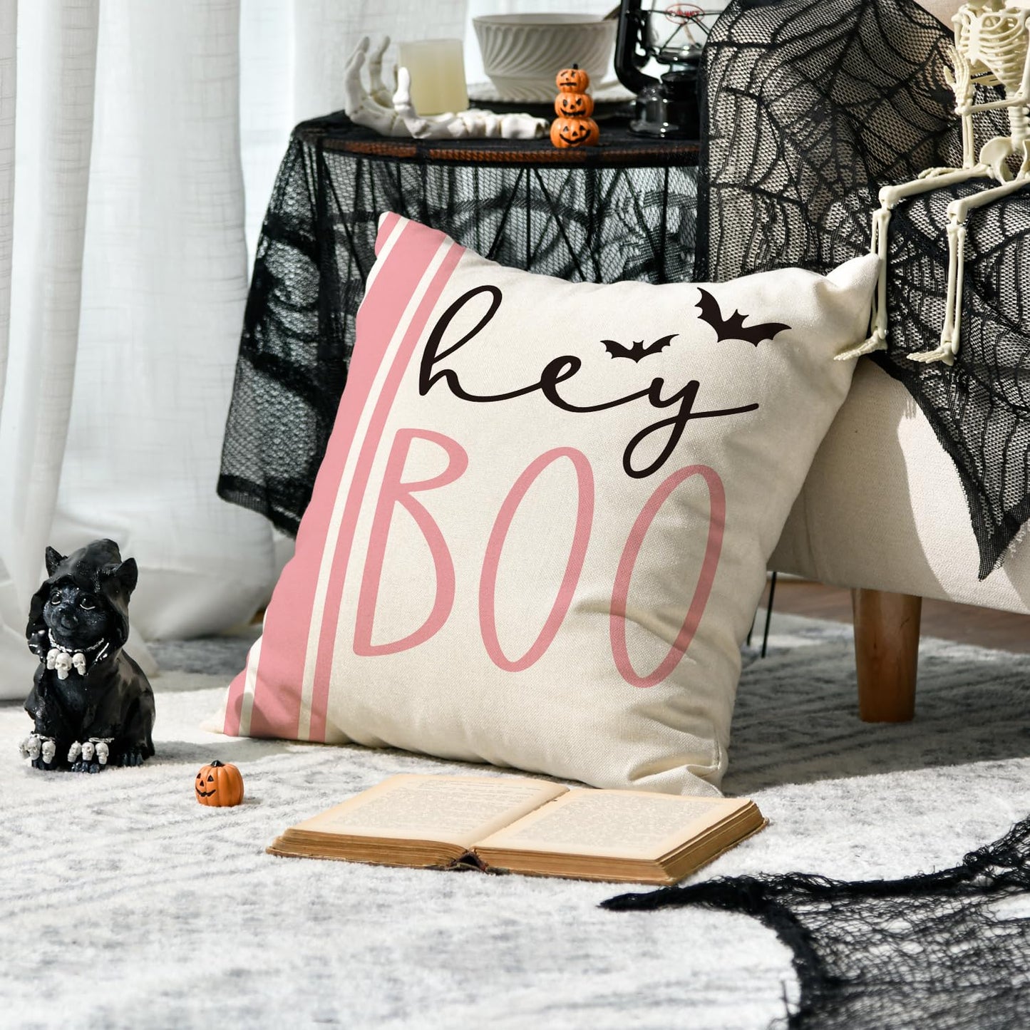 AVOIN colorlife Halloween Hey Boo Cute Ghost Spooky Pink Throw Pillow Covers, 18 x 18 Inch Horror Scary Cushion Case for Sofa Couch Set of 4