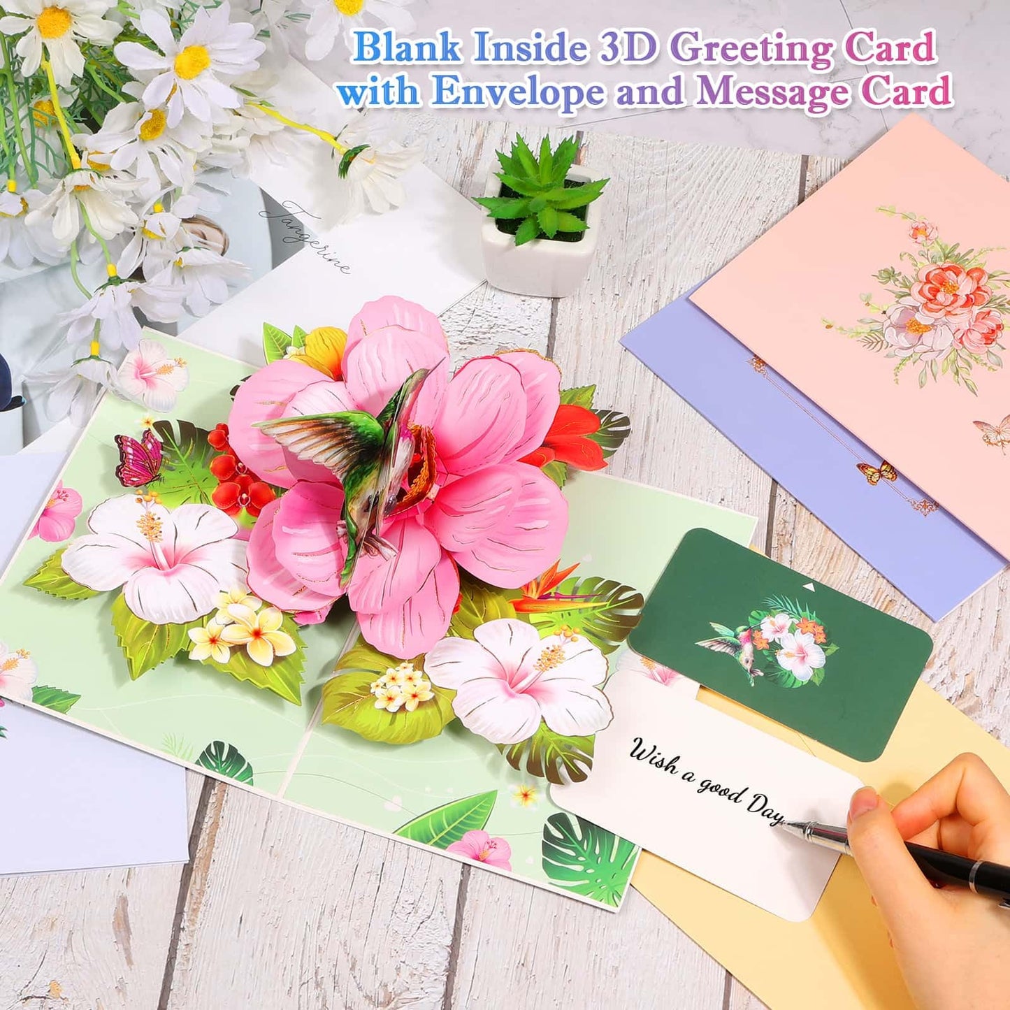 Tidponra 4 Pack Butterfly Flower Pop Up Cards, Hummingbird Birthday Card 3D Greeting Cards for Mother's Day, Graduation, Anniversary, Thinking of You, Get Well, Home Decor, with Envelope and Note