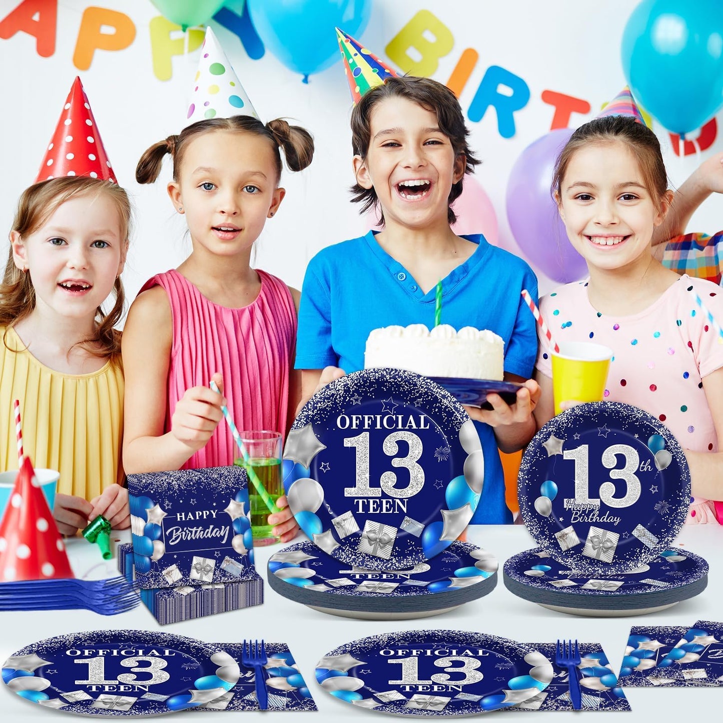 gisgfim 96 PCS 13th Birthday Party Supplies 13th Birthday Plates and Napkins Official Teen 13th Tableware Blue and Silver Dinnerware Set 13 Years Old Party Decorations Favors for Boys Girls Serve 24