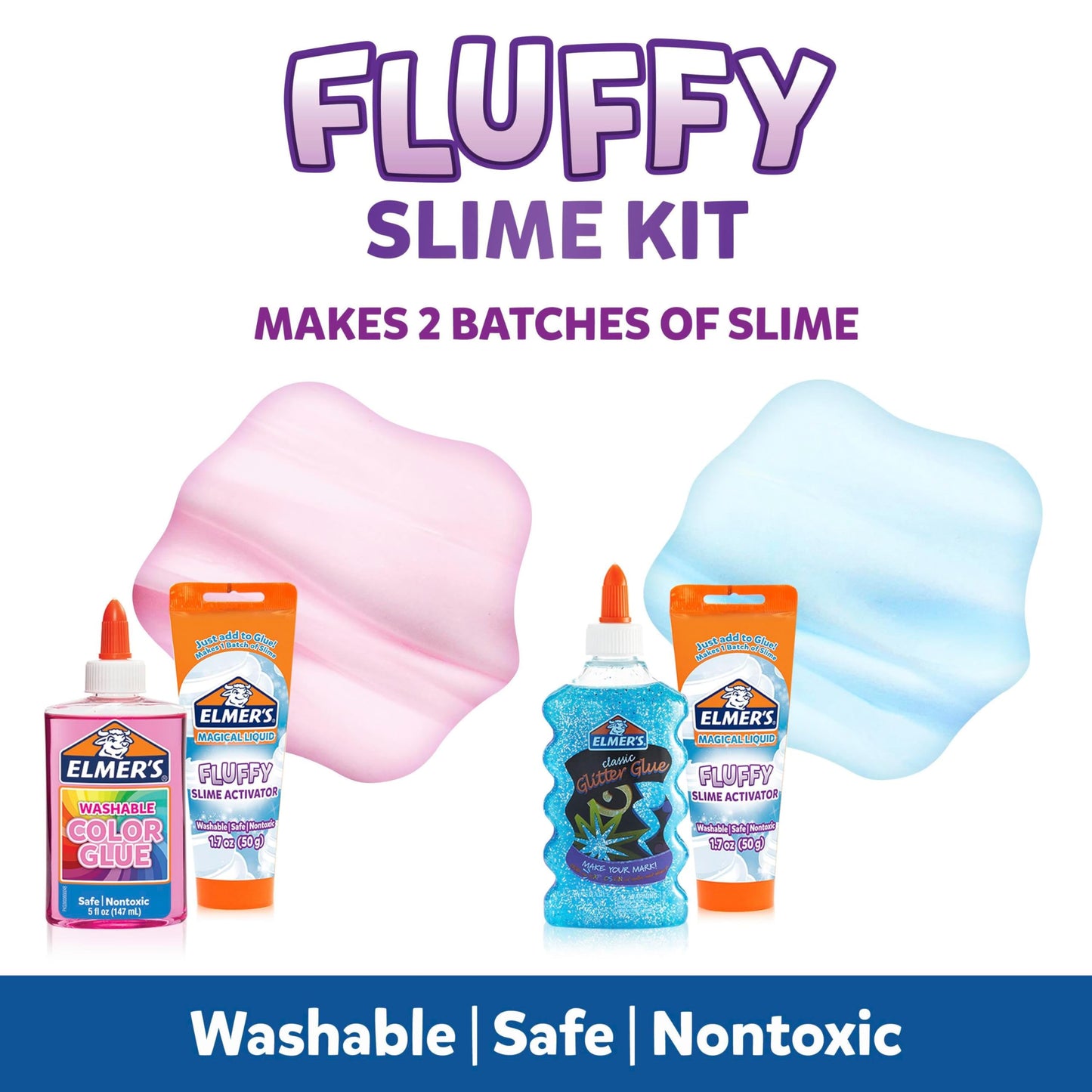 Elmer’s Fluffy Slime Kit, Includes Translucent Color Glue, Glitter Glue, Fluffy Slime Activator, 4 Count - Perfect for Birthday Parties, Gift Idea, Kids Activity
