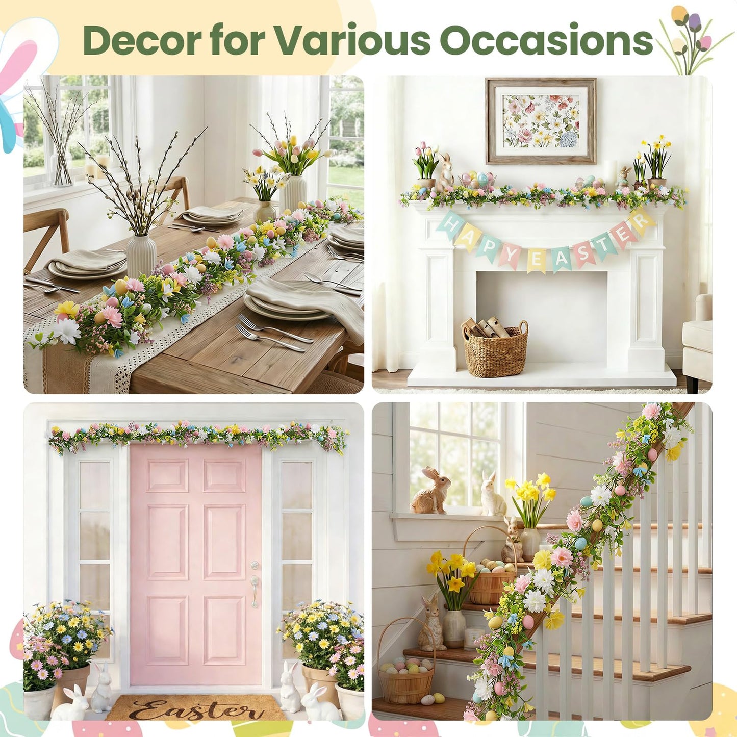 6 Ft Easter Garland, Easter Egg Garland for Mantle, Spring Summer Pastel Artificial Flower Garlands, Easter Decorations for Home Mantle Fireplace Indoor Decor