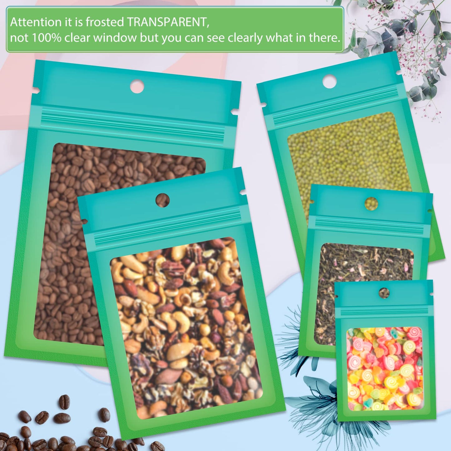 Funfery 100 Pack Smell Proof Resealable Bags for Food Storage,Cute Mylar Clear Bags for Small Business Foil Pouch Zipper Packaging Bag for Sample Jewelry Eyelash Gloss(Blue Green,2.7X3.9in)