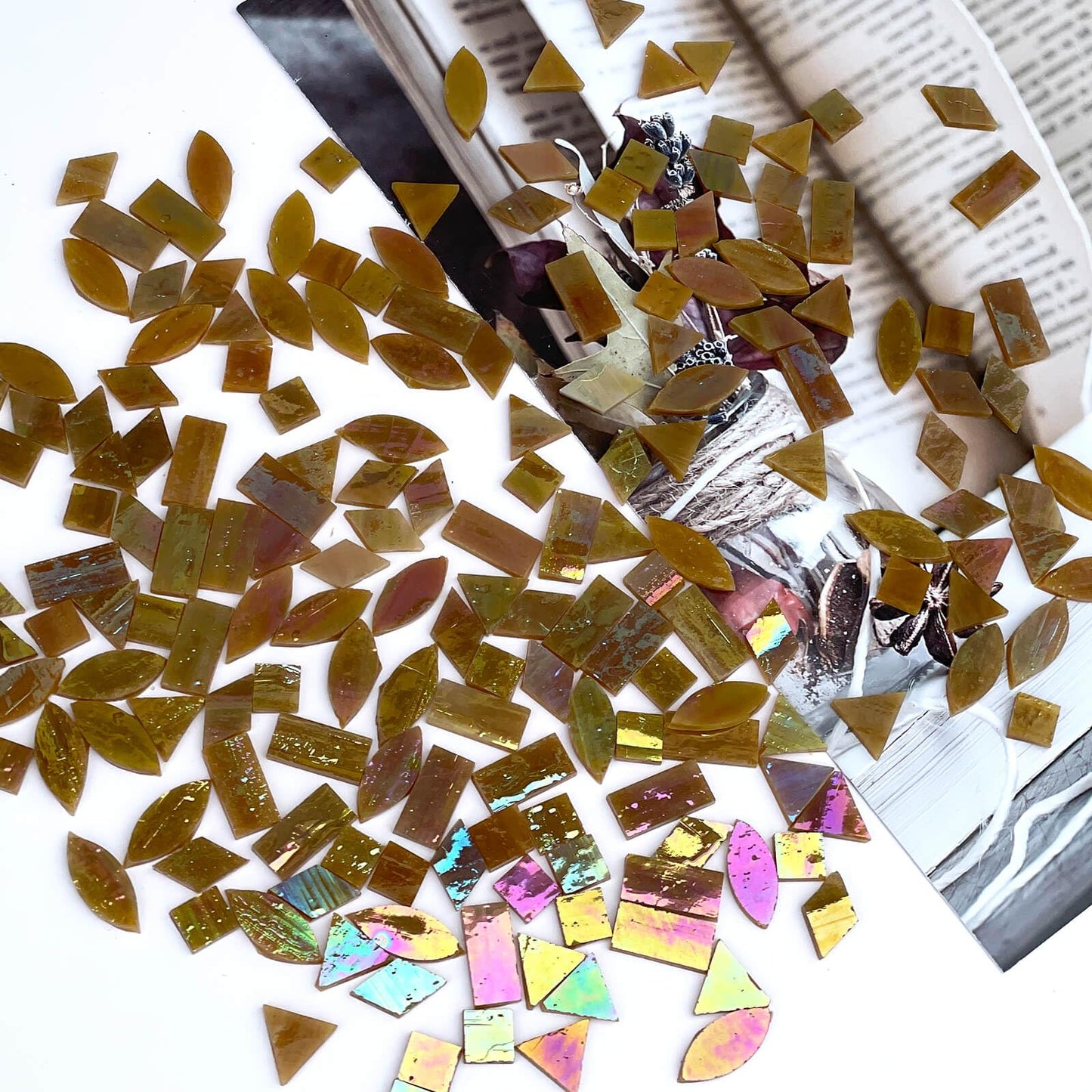 LITMIND Brown Iridescent Stained Glass Mosaic Tiles for Crafts - 240 Pieces, 5 Shapes Mixed (Rectangle, Triangle, Rhombus, Square, Leaf) - Ideal for Mosaic Making Projects