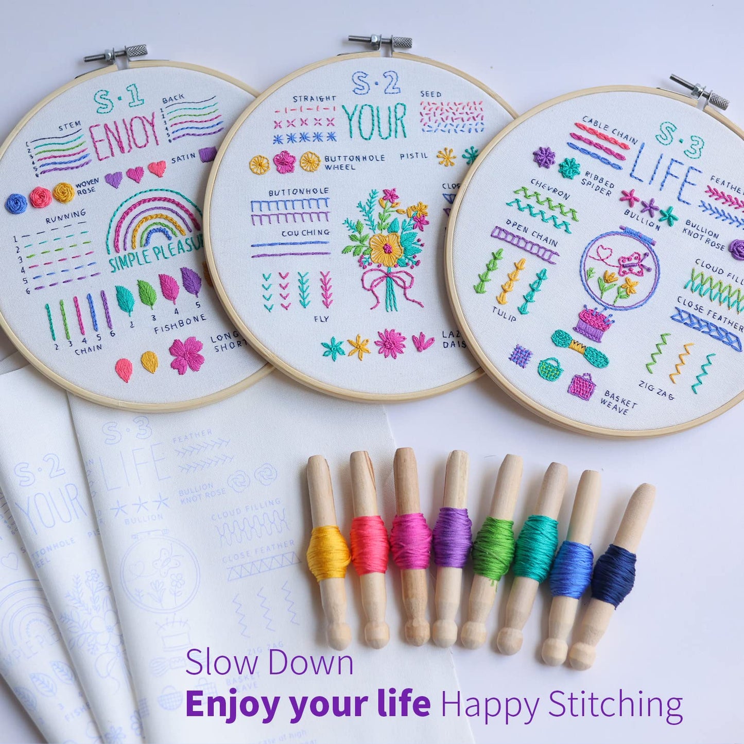 ETSPIL 3 Pack Embroidery Kit for Beginners and Adults,Learn 33 Stitches with DIY Stamped Flower Patterns – Includes Hoop, Color Threads, Tools, and Step-by-Step Instructions with Video Tutorials