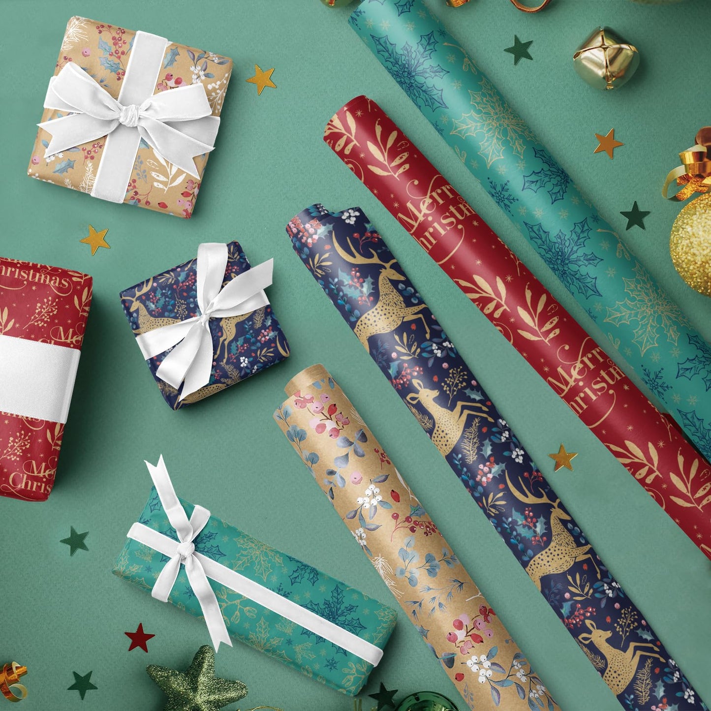 Christmas Kraft Wrapping Paper - Reindeer, Berry Leaf and Text Design - 4 Rolls - 30 inches x 10 feet per Roll